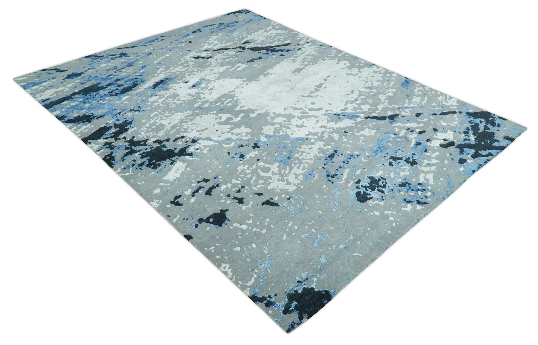 8x10 Ivory, Gray, Blue and Black Modern Abstract Hand Knotted Wool and Bamboo Silk Area Rug - Image 9