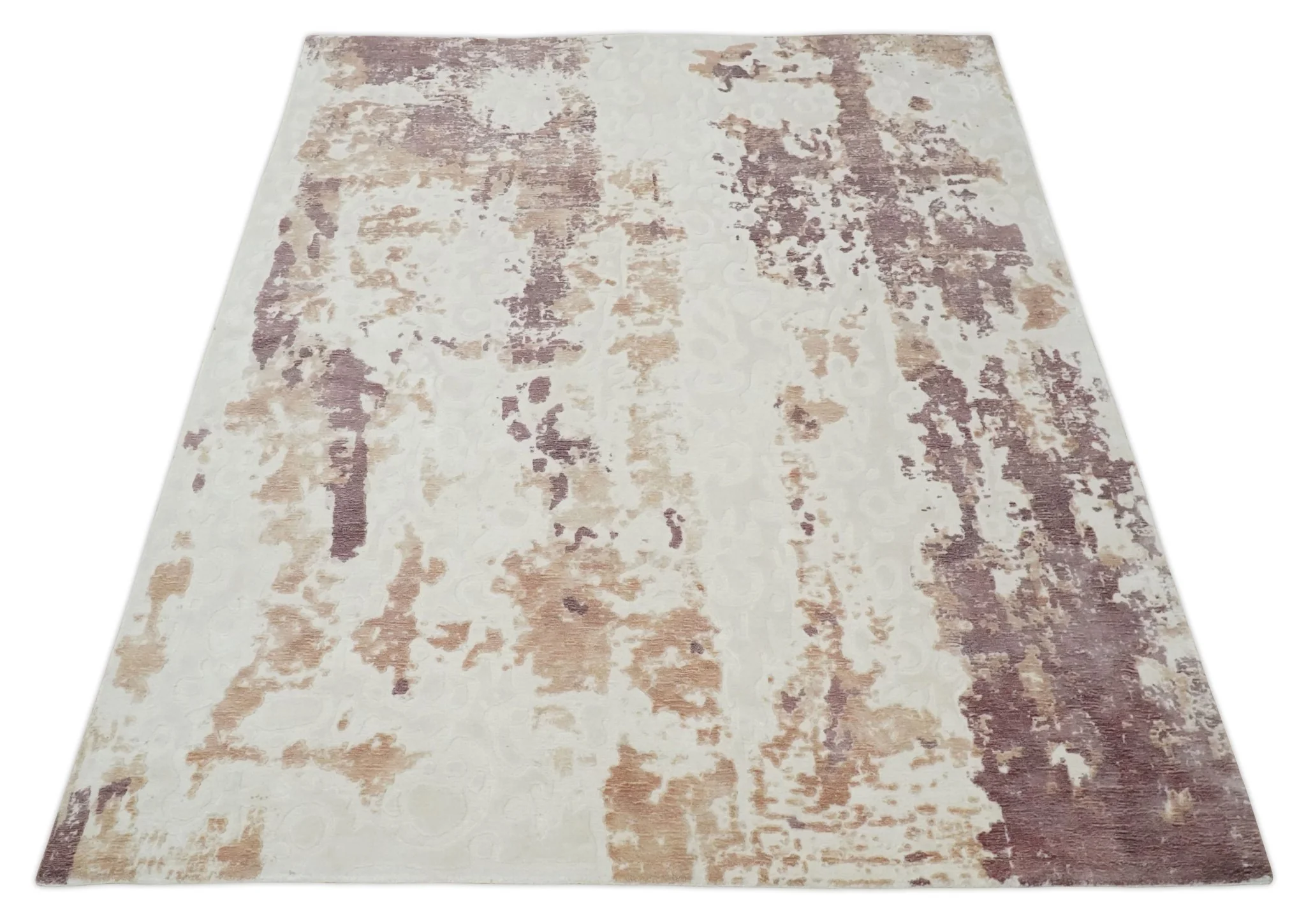 8x10 Ivory, Peach and Maroon Hand Carved Modern Abstract Hand Loomed Blended wool and Art silk Area Rug - Image 10