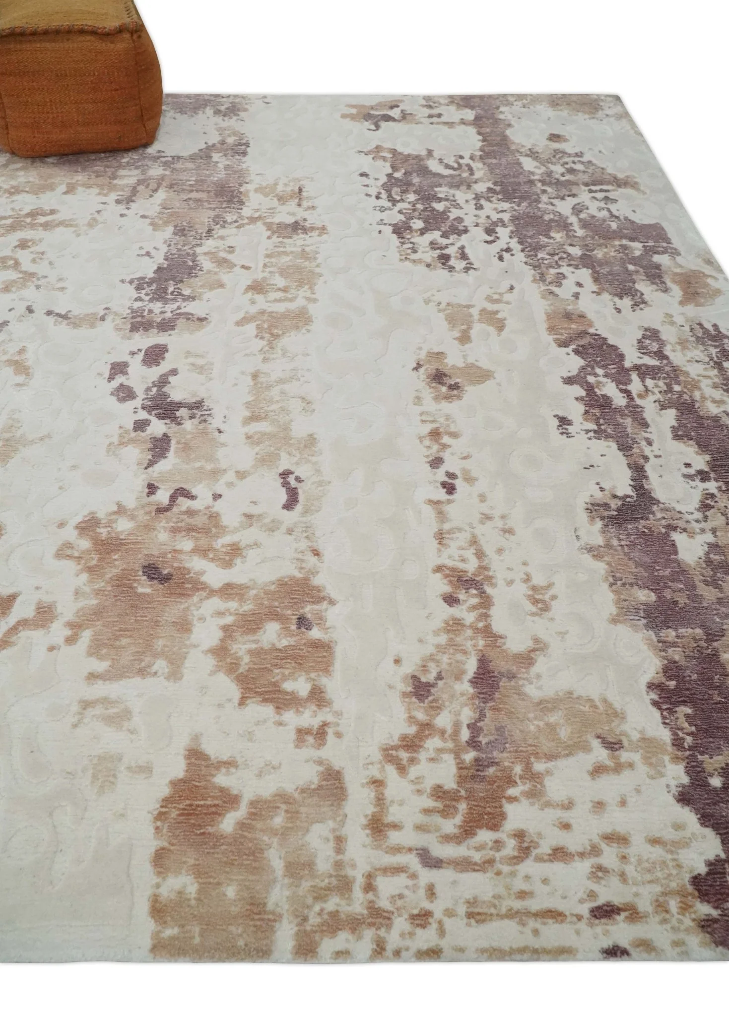 8x10 Ivory, Peach and Maroon Hand Carved Modern Abstract Hand Loomed Blended wool and Art silk Area Rug - Image 3