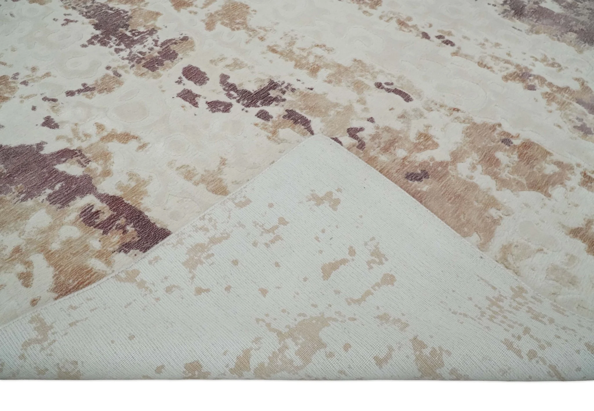 8x10 Ivory, Peach and Maroon Hand Carved Modern Abstract Hand Loomed Blended wool and Art silk Area Rug - Image 7