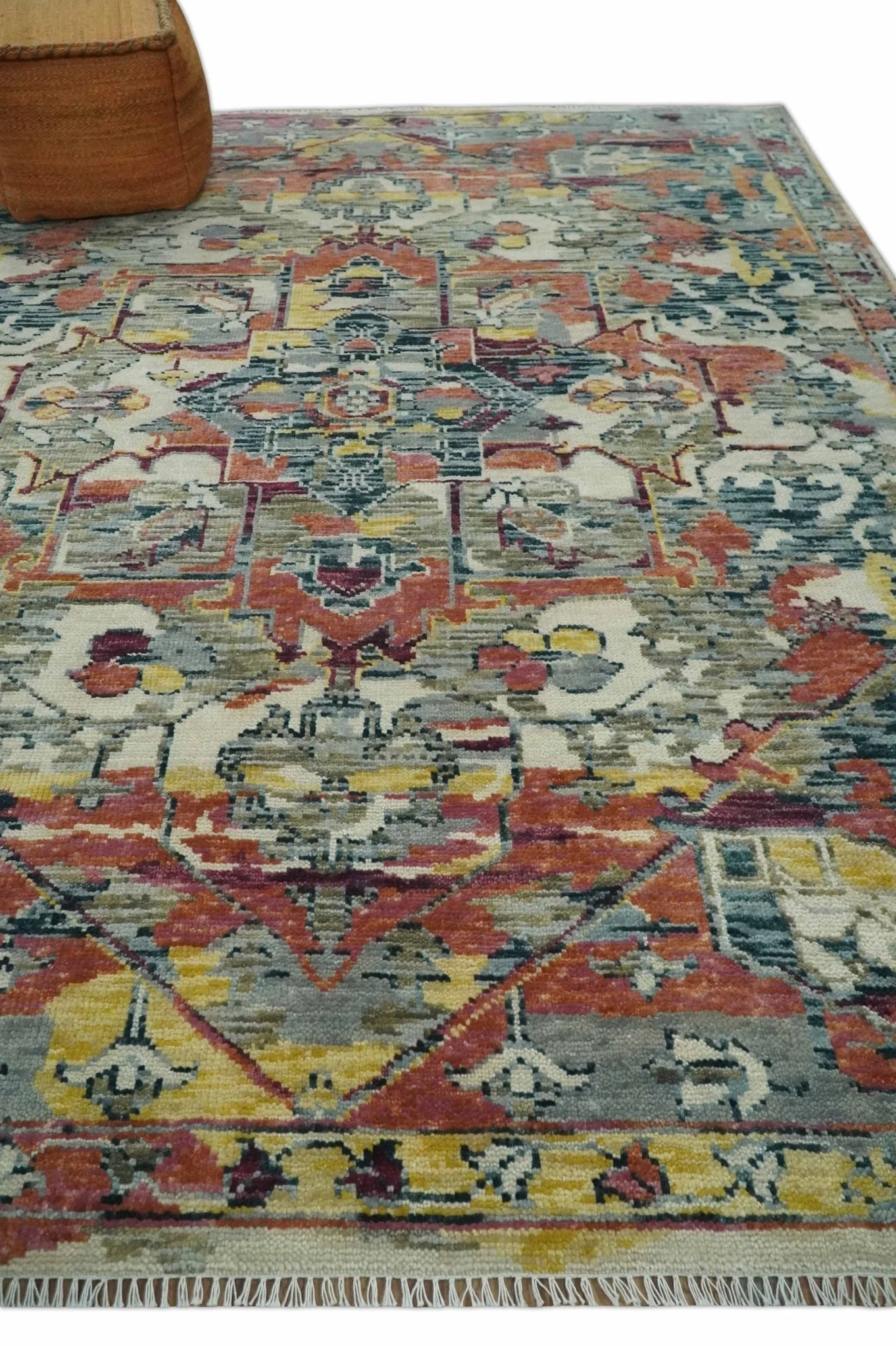 Modern Transitional 8x10 Ivory, Rust, Yellow and Charcoal Serapi wool Area Rug - Image 3
