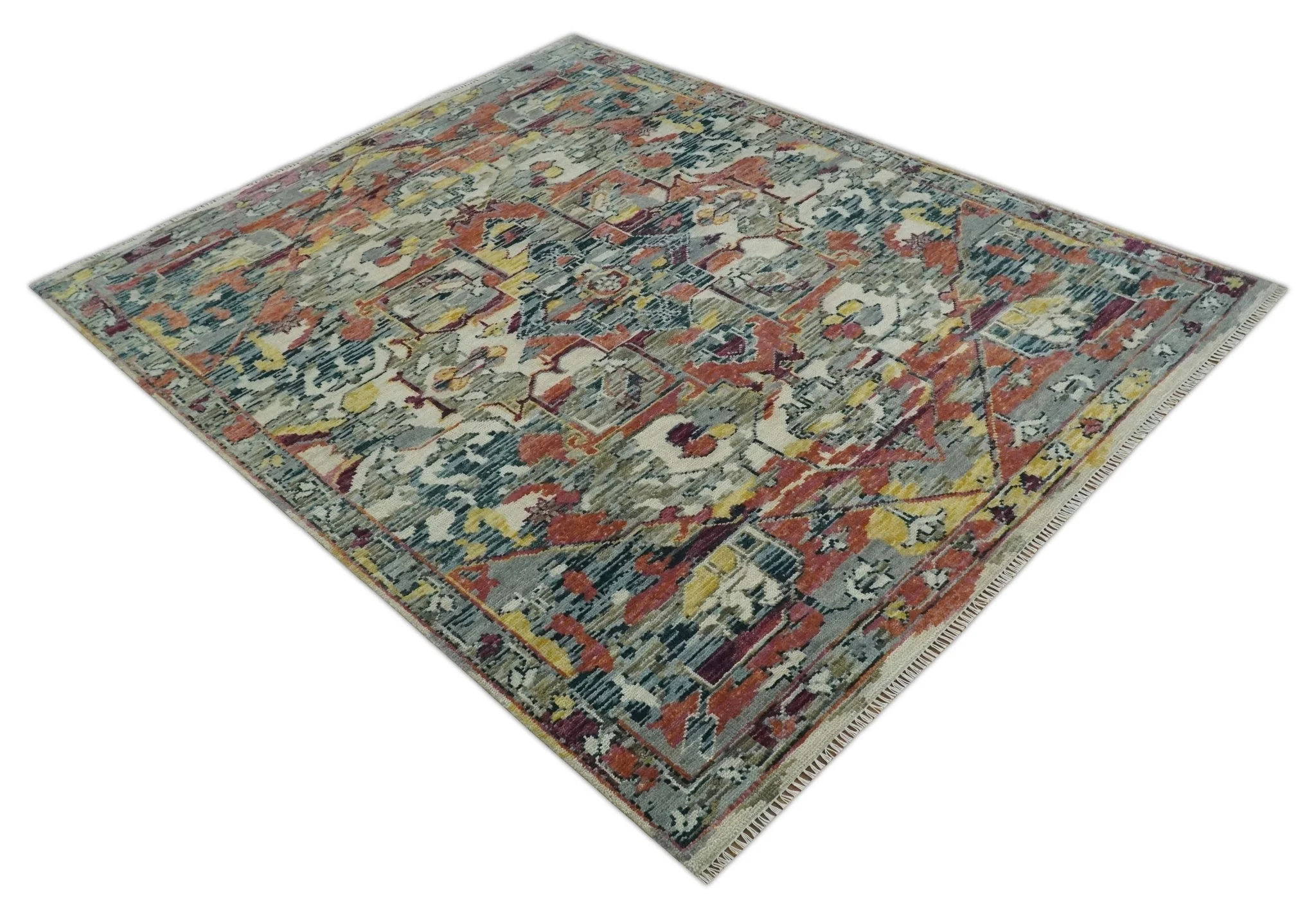 Modern Transitional 8x10 Ivory, Rust, Yellow and Charcoal Serapi wool Area Rug - Image 8