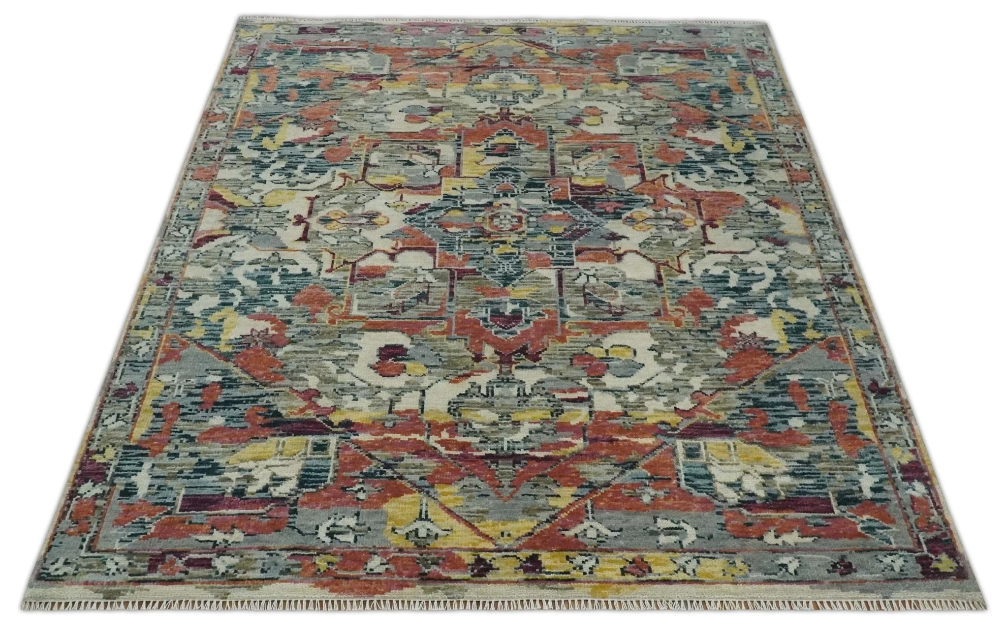 Modern Transitional 8x10 Ivory, Rust, Yellow and Charcoal Serapi wool Area Rug - Image 9