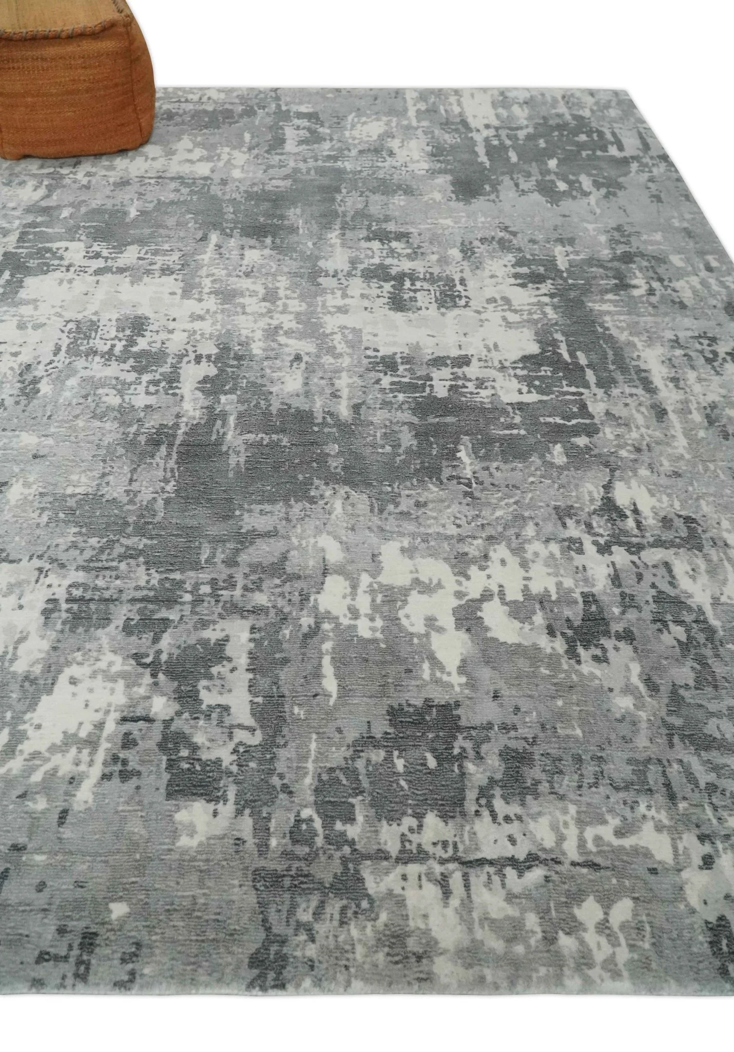 8x10 Ivory, Silver and Charcoal Modern Abstract Hand Loomed Blended wool and Art silk Area Rug - Image 3