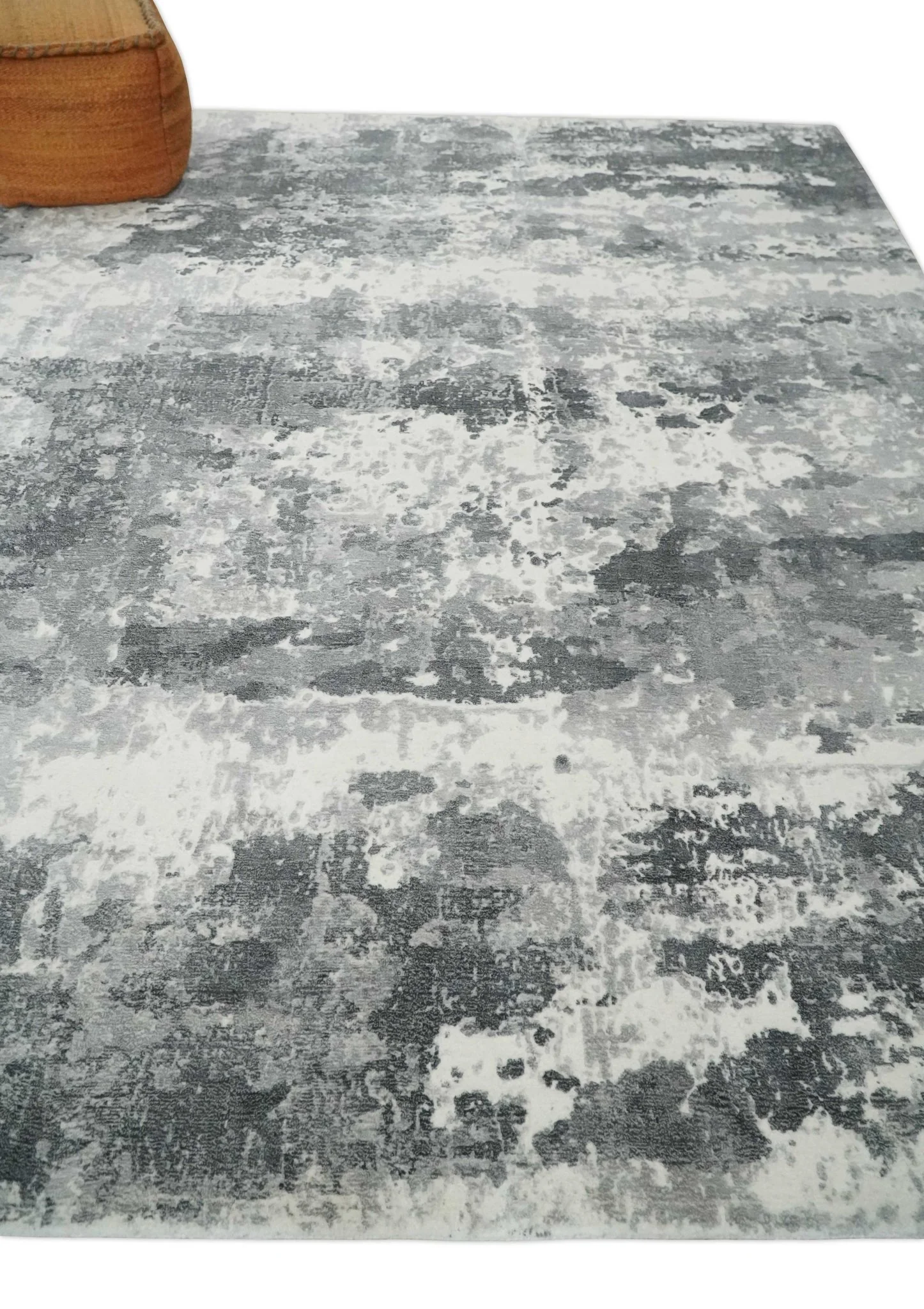 8x10 Ivory, Silver and Charcoal Modern Abstract Hand Loomed Blended wool and Art silk Area Rug - Image 3