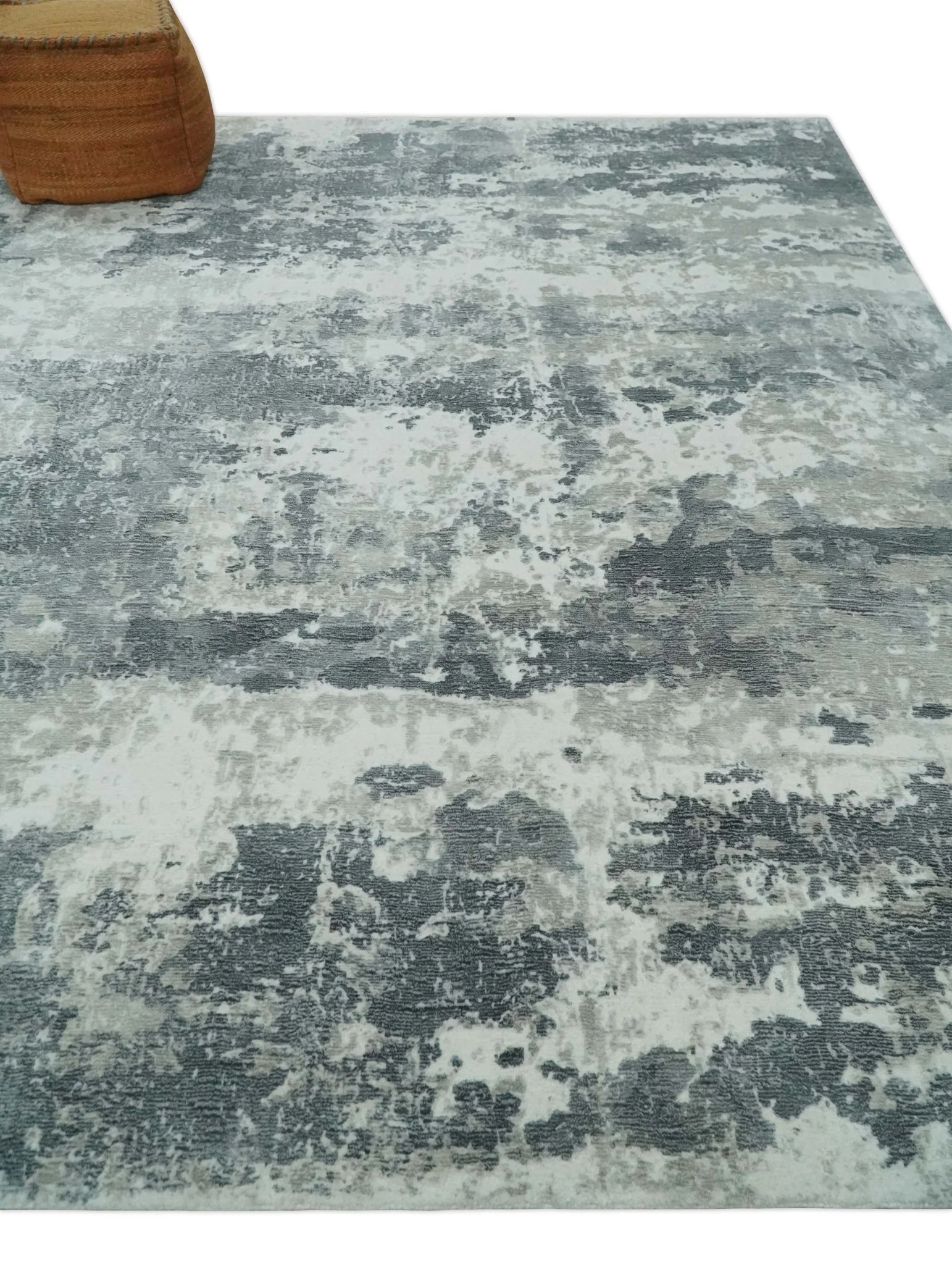 8x10 Ivory, Silver and Charcoal Modern Abstract Hand Loomed Blended wool and Art silk Area Rug - Image 3