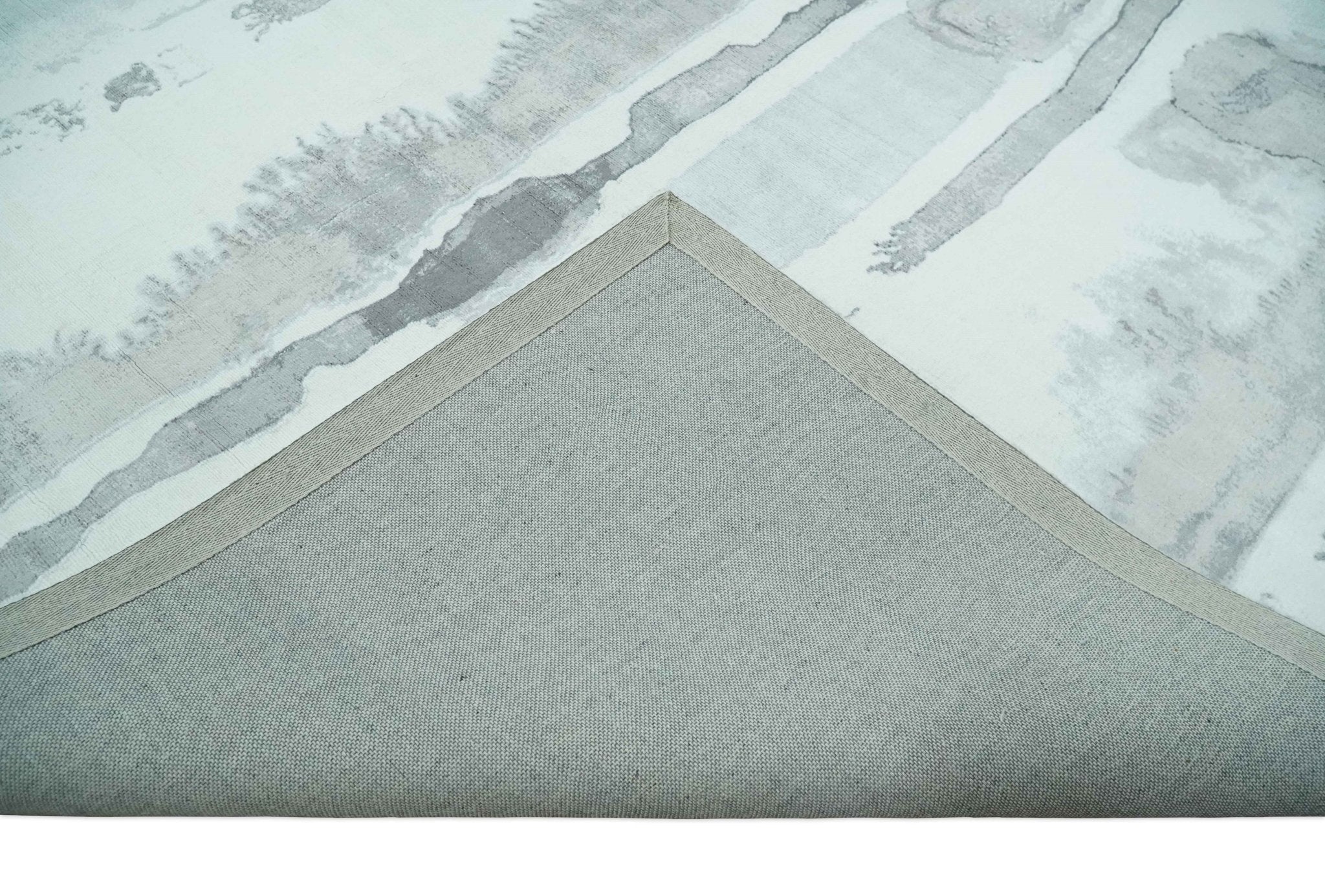 8x10 Ivory, Silver and Gray Modern Abstract Handmade Art Silk Area Rug - Image 6