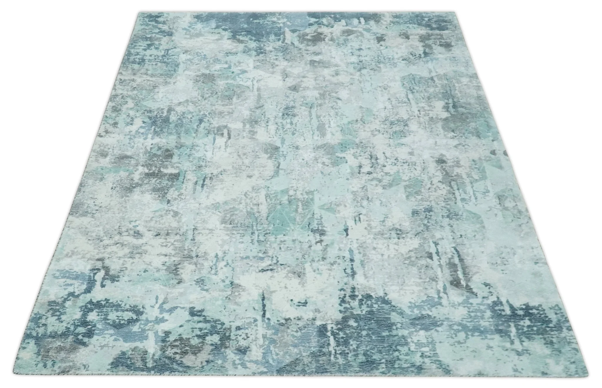 8x10 Ivory, Silver and Teal Modern Abstract Hand Loomed Blended wool and Art silk Area Rug - Image 10