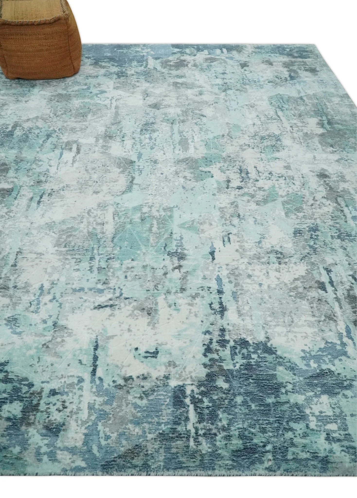 8x10 Ivory, Silver and Teal Modern Abstract Hand Loomed Blended wool and Art silk Area Rug - Image 3