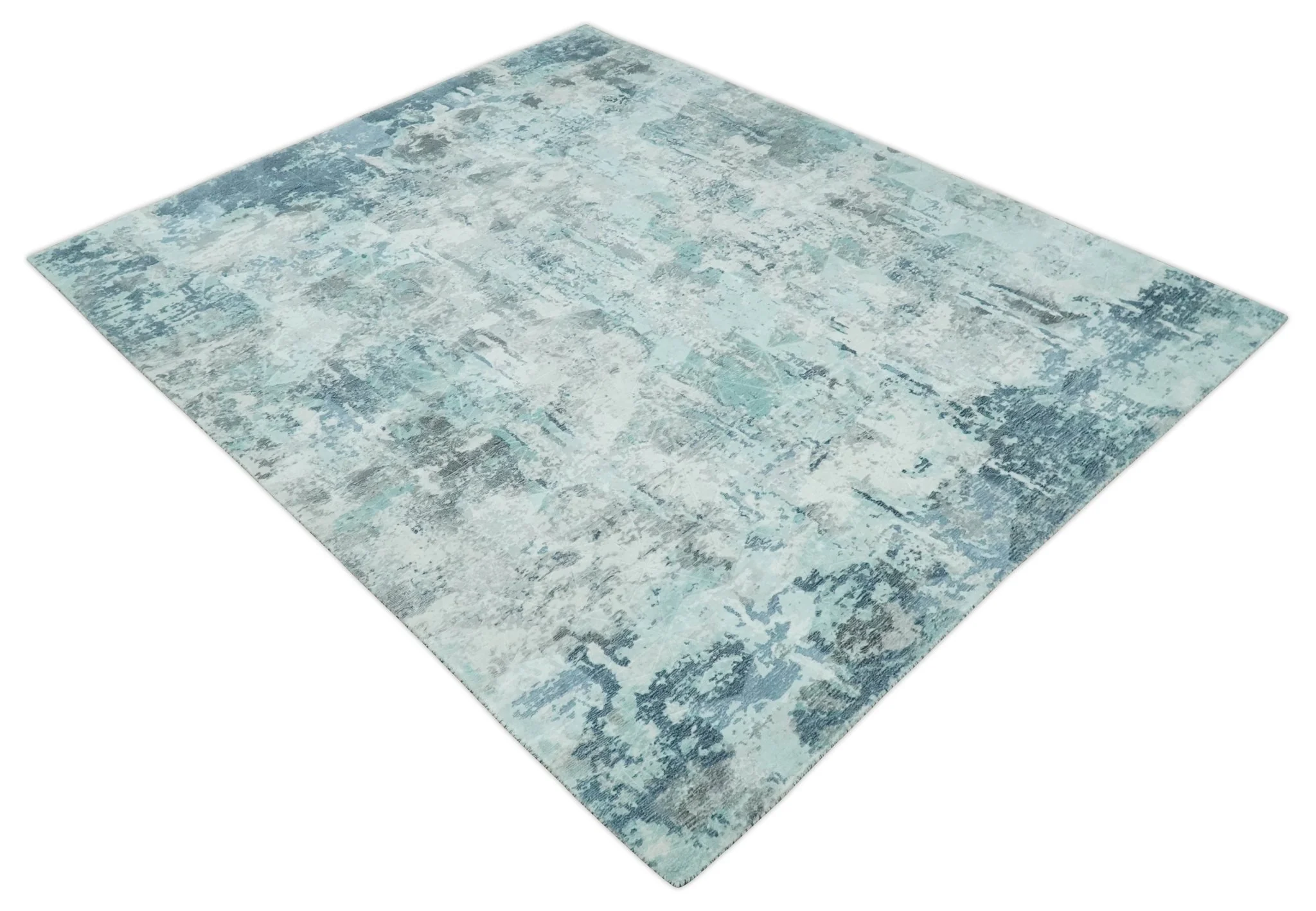 8x10 Ivory, Silver and Teal Modern Abstract Hand Loomed Blended wool and Art silk Area Rug - Image 9