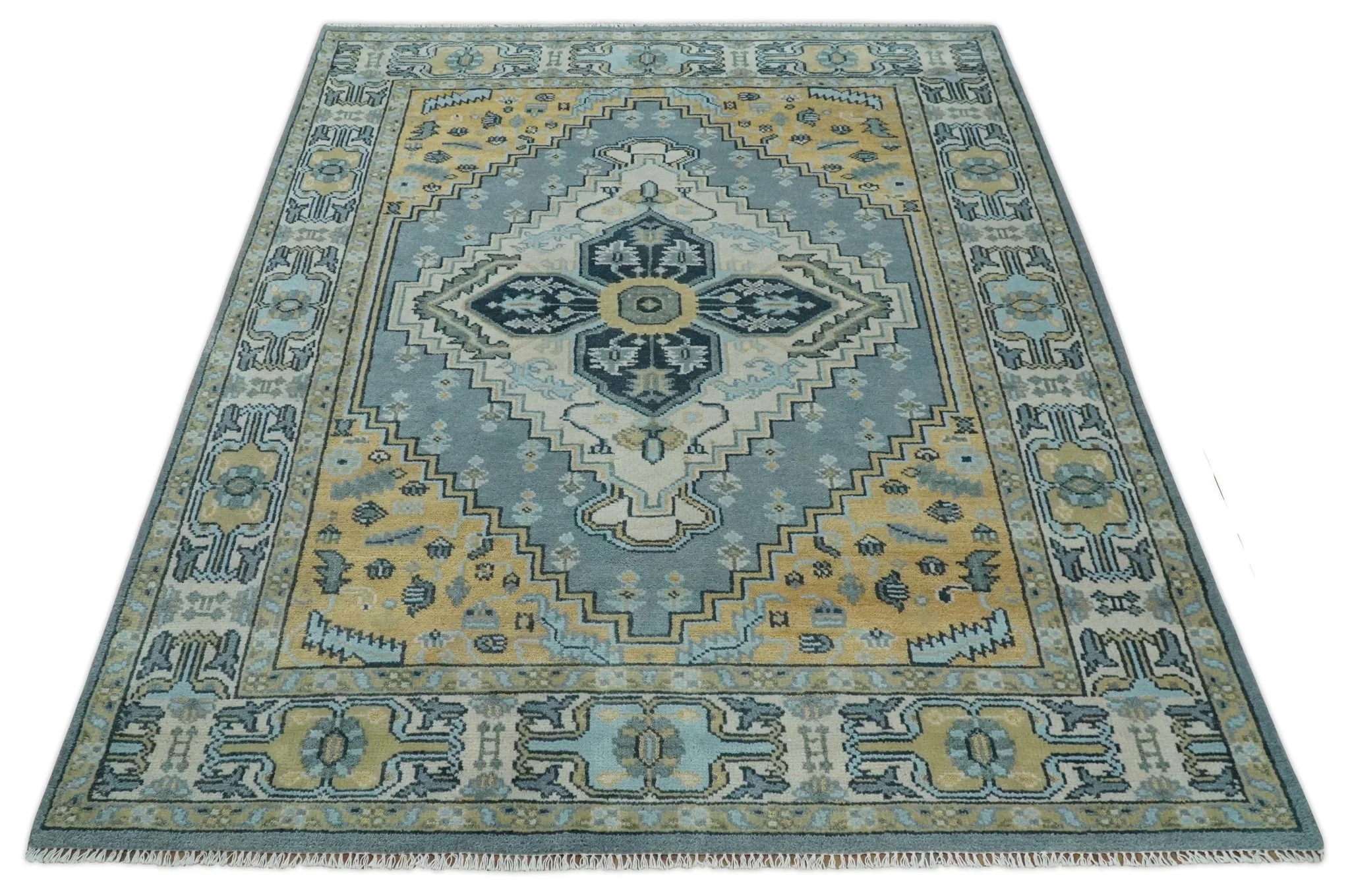 8x10 Ivory, Blue and Beige Heriz Serapi Traditional  Persian Antique Hand Knotted Wool Area Rug | TRDCP1117810 - Image 10