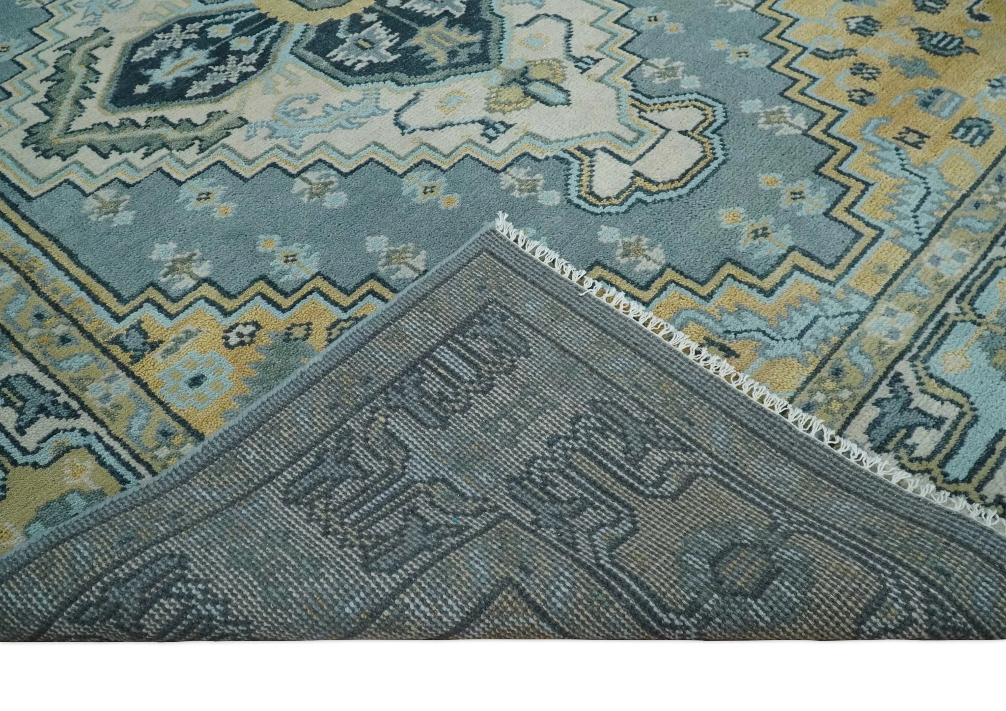 8x10 Ivory, Blue and Beige Heriz Serapi Traditional  Persian Antique Hand Knotted Wool Area Rug | TRDCP1117810 - Image 8
