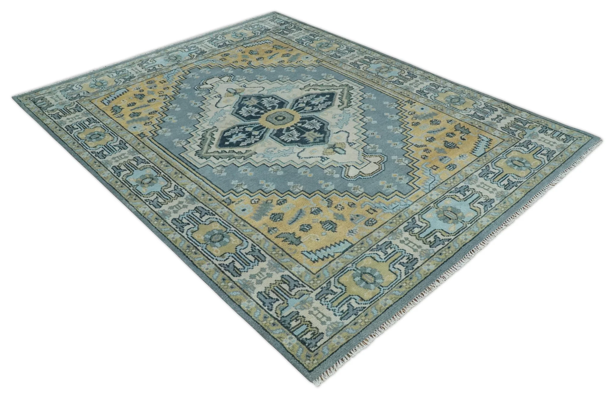 8x10 Ivory, Blue and Beige Heriz Serapi Traditional  Persian Antique Hand Knotted Wool Area Rug | TRDCP1117810 - Image 9