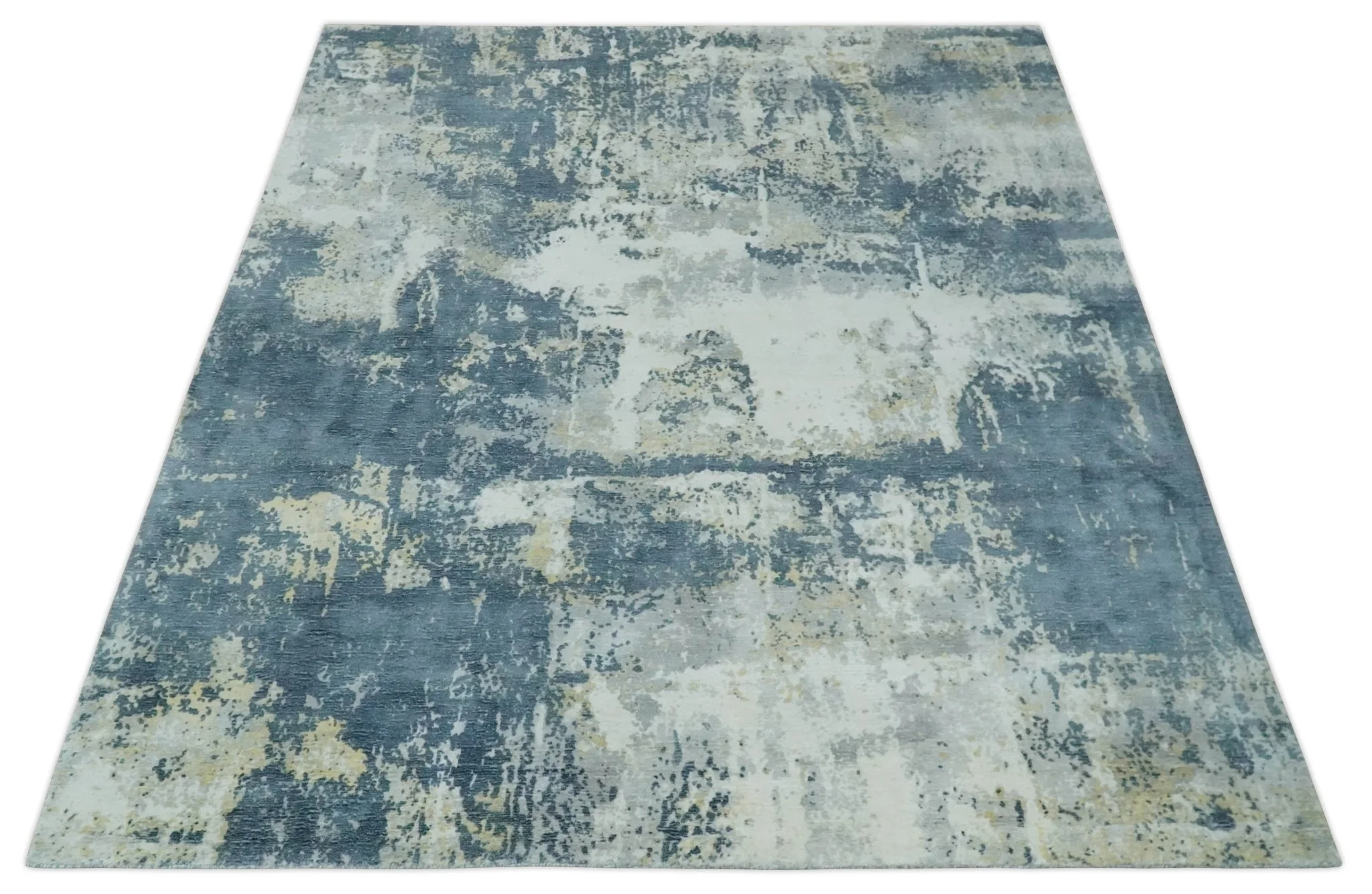 8x10 Ivory, Teal and Beige Modern Abstract Hand Loomed Blended wool and Art silk Area Rug - Image 10