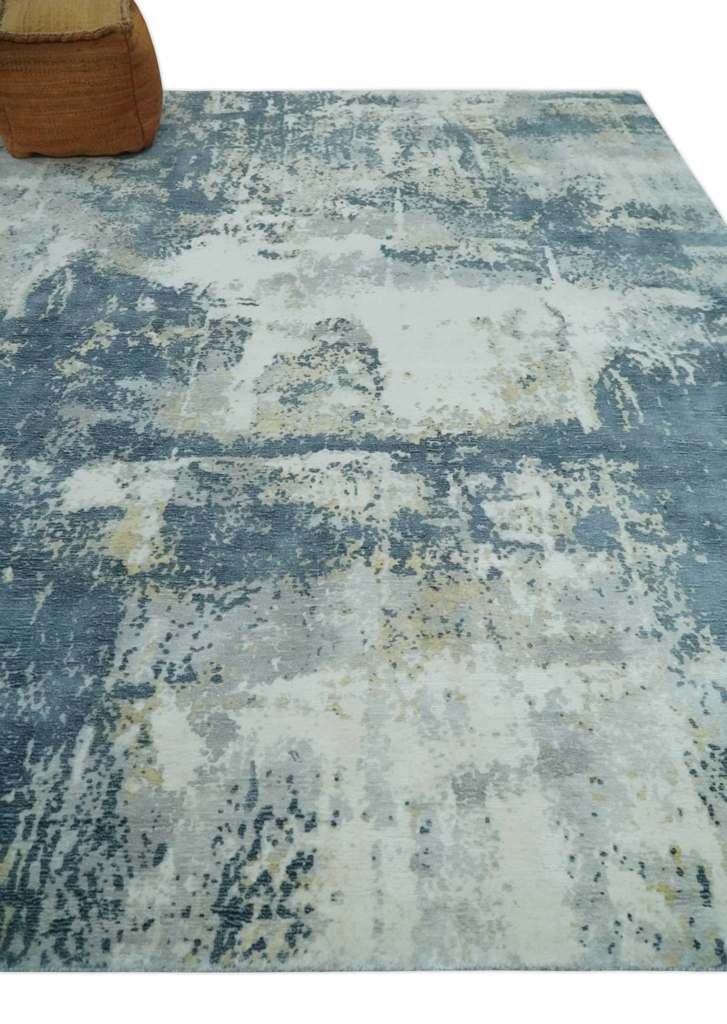 8x10 Ivory, Teal and Beige Modern Abstract Hand Loomed Blended wool and Art silk Area Rug - Image 3