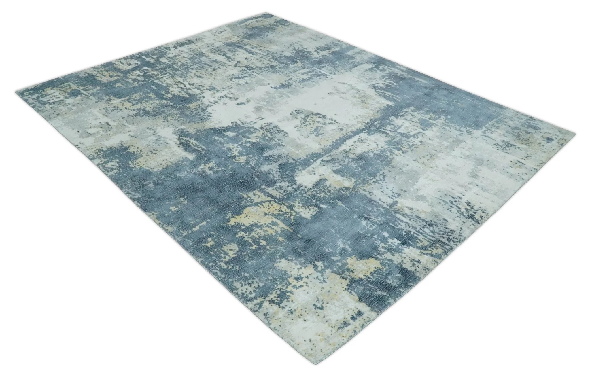 8x10 Ivory, Teal and Beige Modern Abstract Hand Loomed Blended wool and Art silk Area Rug - Image 9