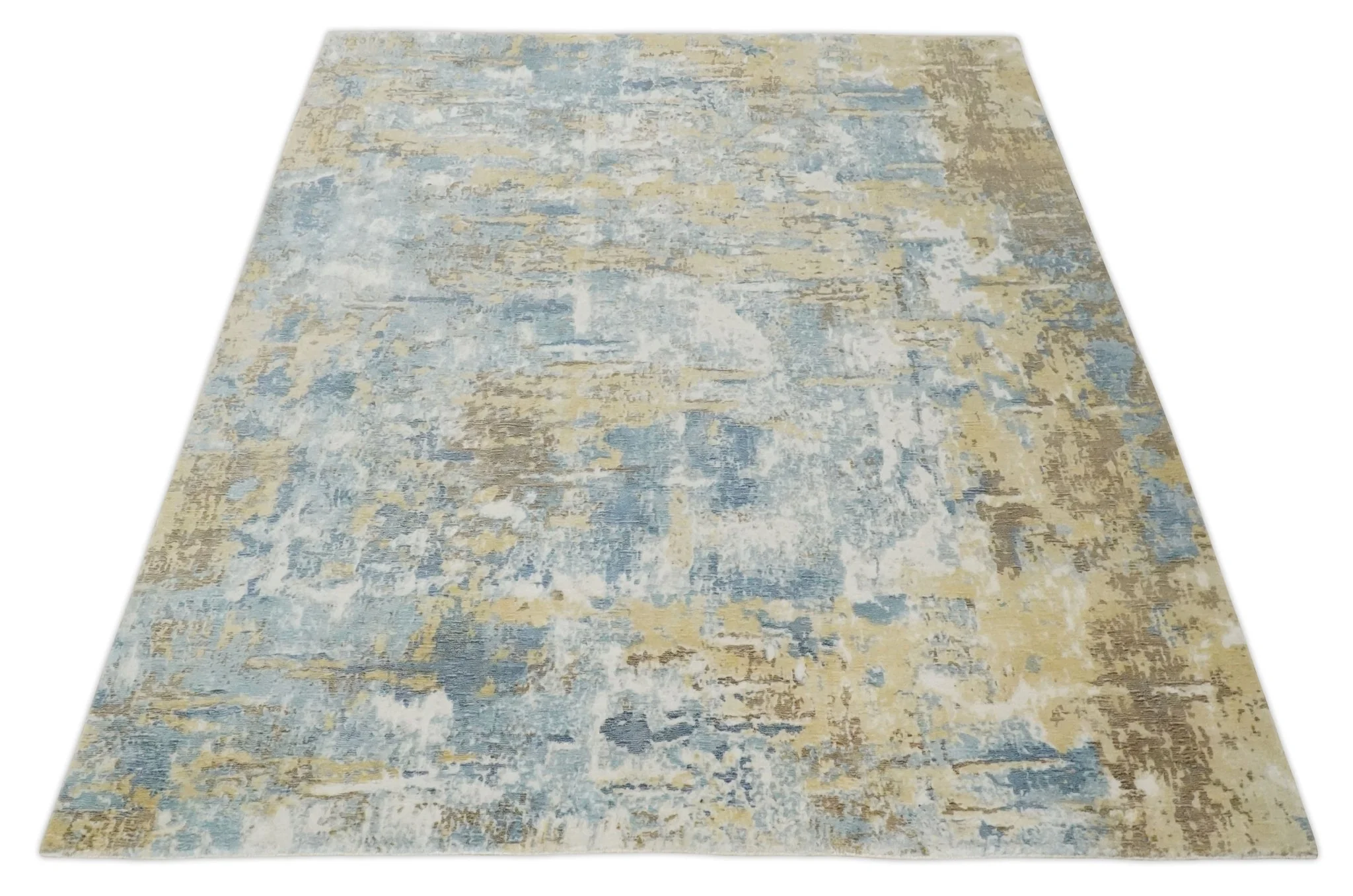 8x10 Modern Abstract Blended wool and Art silk Ivory, Teal and Beige Hand Loomed Area Rug - Image 10