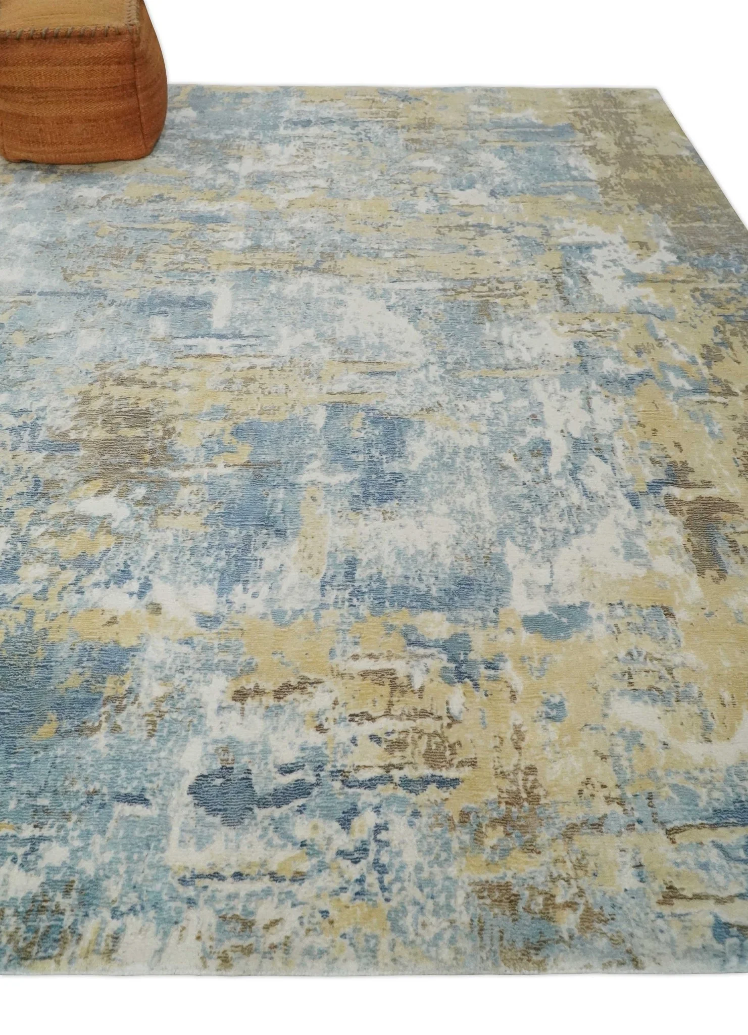 8x10 Modern Abstract Blended wool and Art silk Ivory, Teal and Beige Hand Loomed Area Rug - Image 3