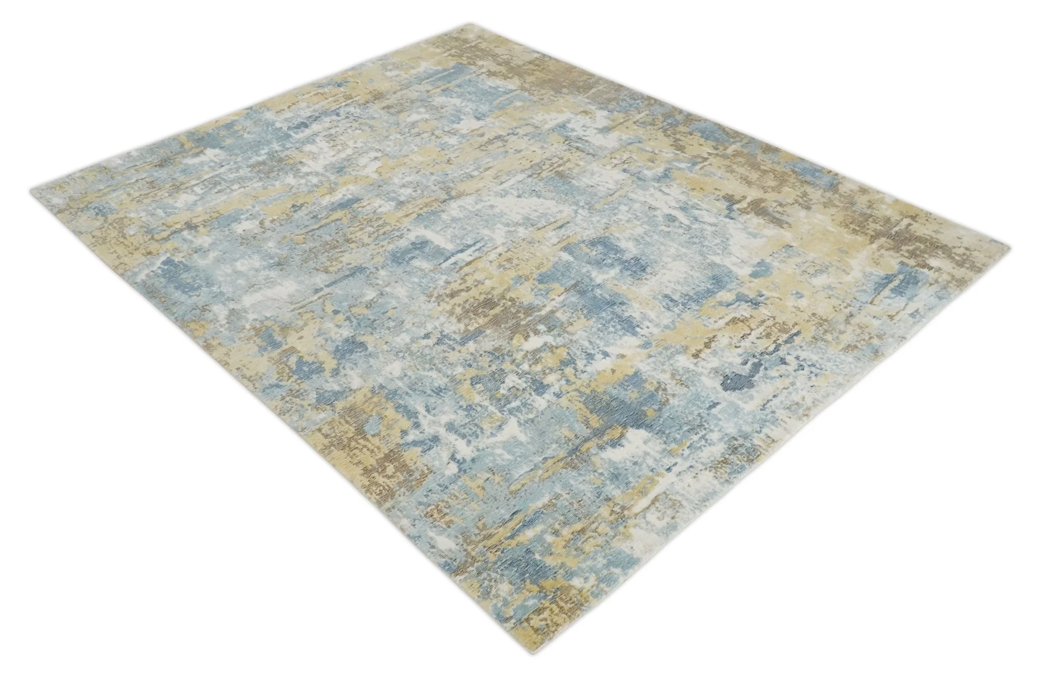 8x10 Modern Abstract Blended wool and Art silk Ivory, Teal and Beige Hand Loomed Area Rug - Image 9