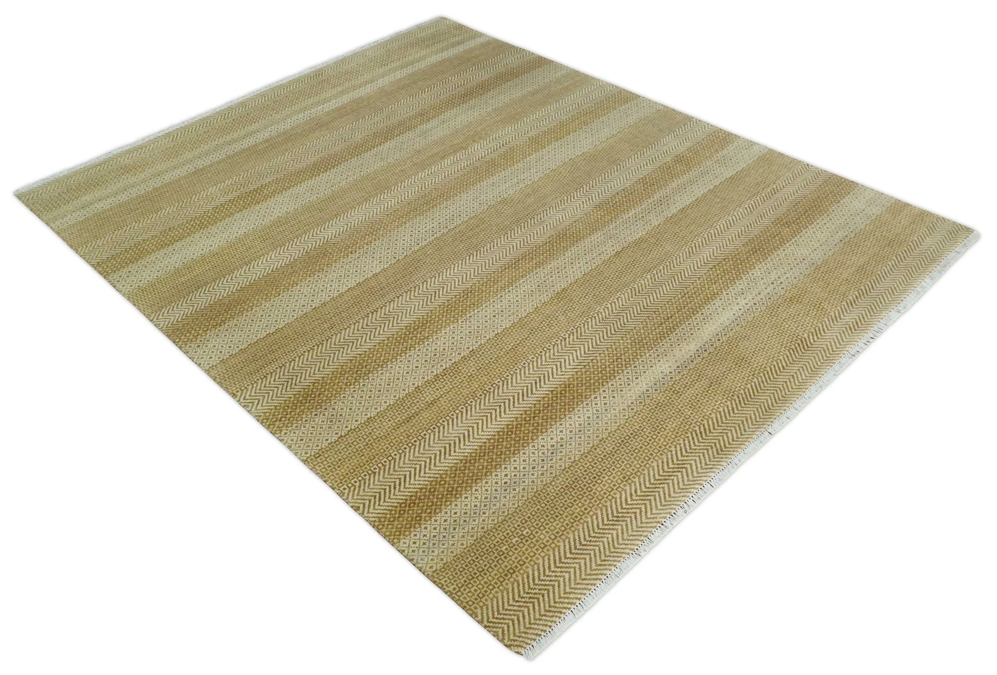 8x10 Modern Geometric Trellis Scandinavian Hand Knotted Beige, Camel and Ivory Wool Area Rug - Image 10