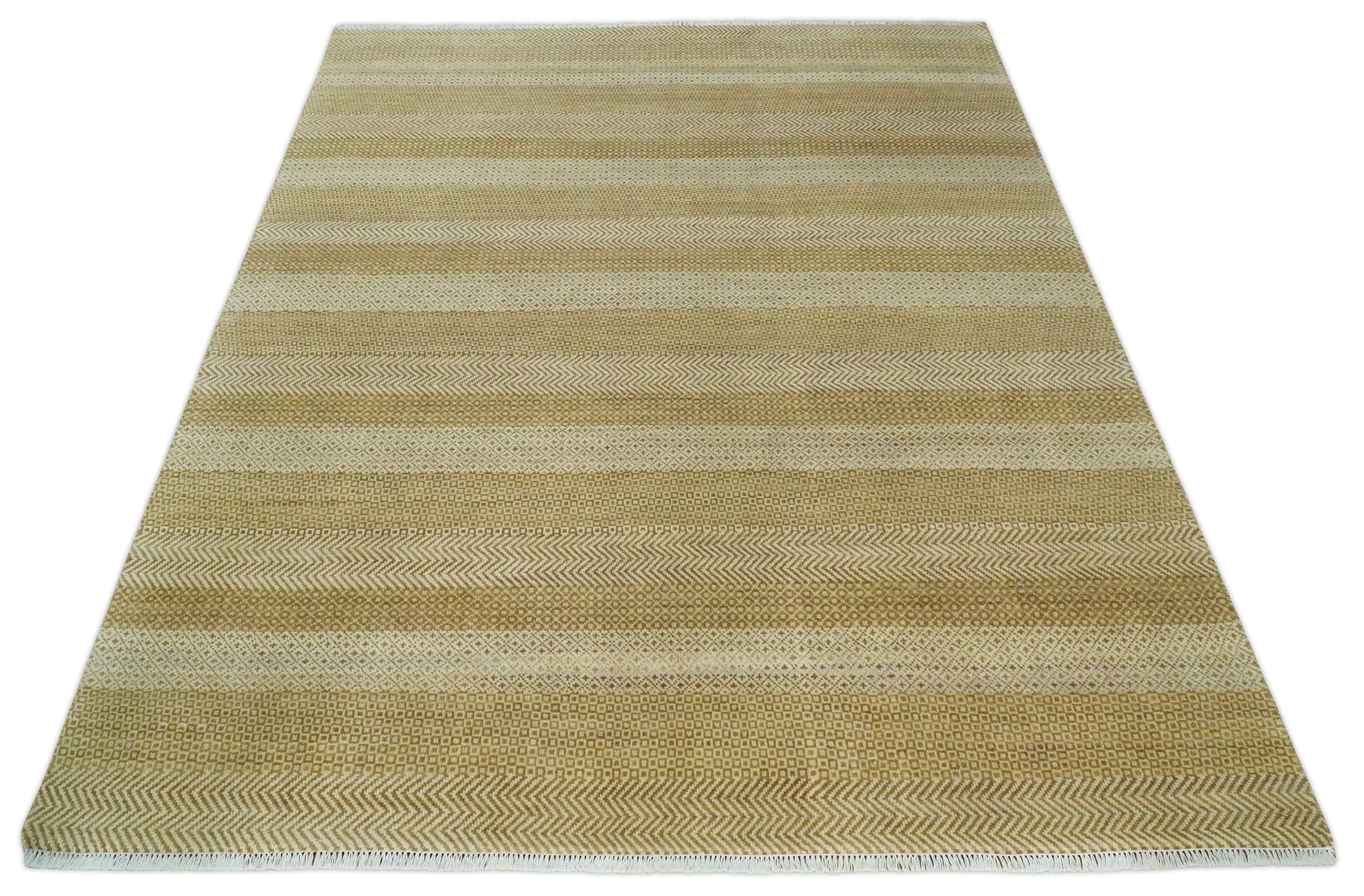 8x10 Modern Geometric Trellis Scandinavian Hand Knotted Beige, Camel and Ivory Wool Area Rug - Image 11