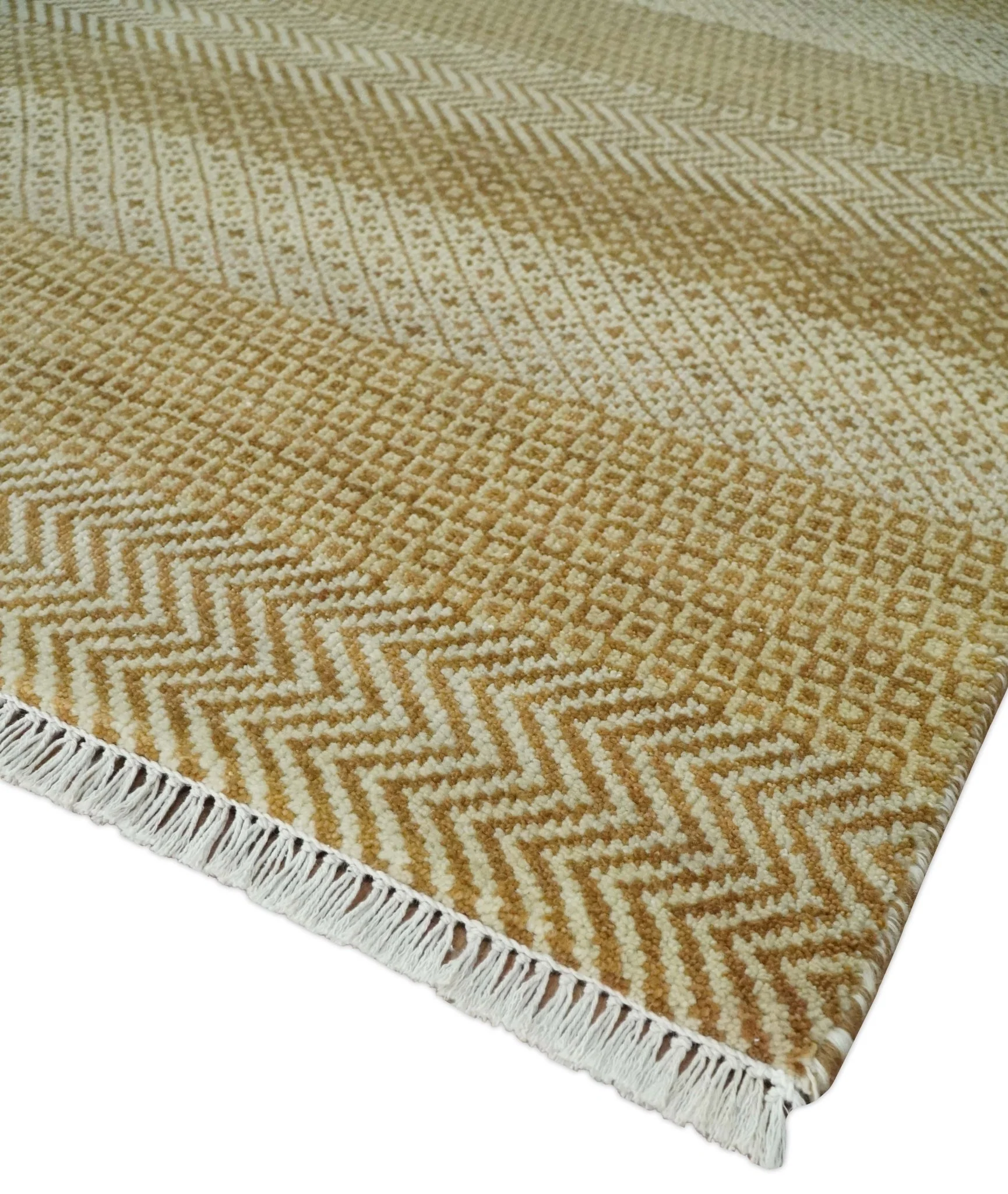 8x10 Modern Geometric Trellis Scandinavian Hand Knotted Beige, Camel and Ivory Wool Area Rug - Image 3