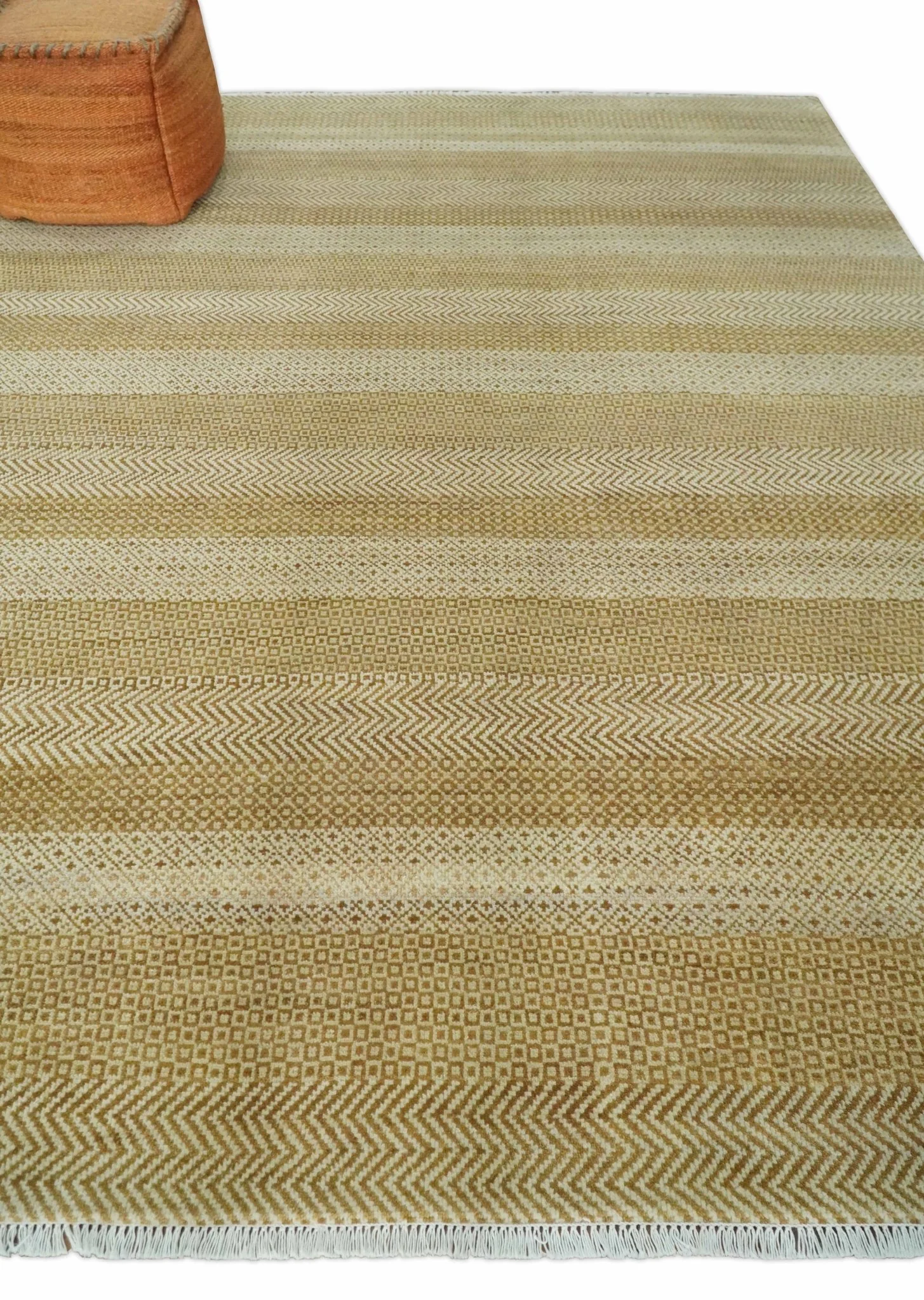 8x10 Modern Geometric Trellis Scandinavian Hand Knotted Beige, Camel and Ivory Wool Area Rug - Image 4