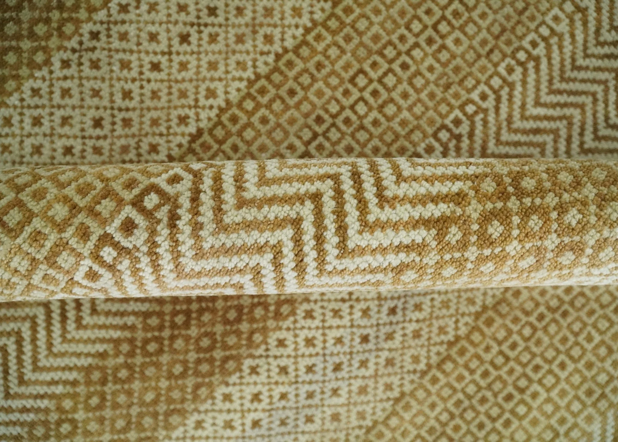 8x10 Modern Geometric Trellis Scandinavian Hand Knotted Beige, Camel and Ivory Wool Area Rug - Image 6