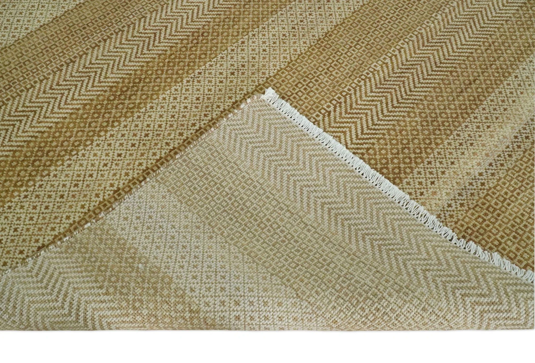 8x10 Modern Geometric Trellis Scandinavian Hand Knotted Beige, Camel and Ivory Wool Area Rug - Image 7