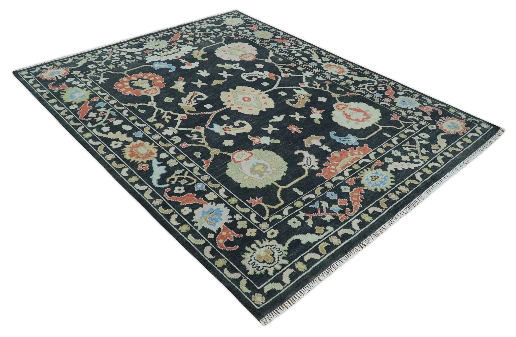 8x10 Modern Hand Knotted Black and Multicolor Traditional Oushak Wool Area Rug - Image 10
