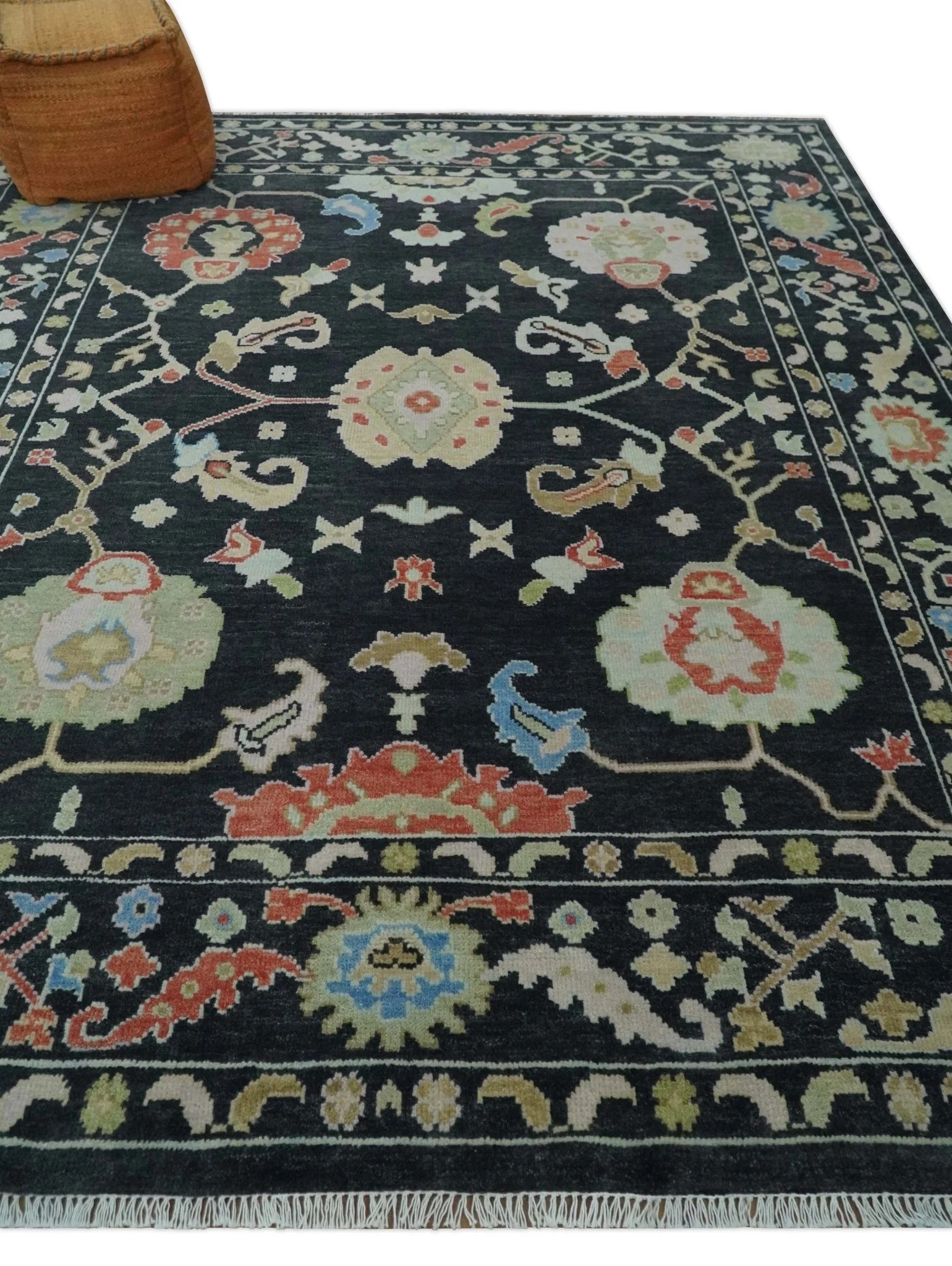 8x10 Modern Hand Knotted Black and Multicolor Traditional Oushak Wool Area Rug - Image 3