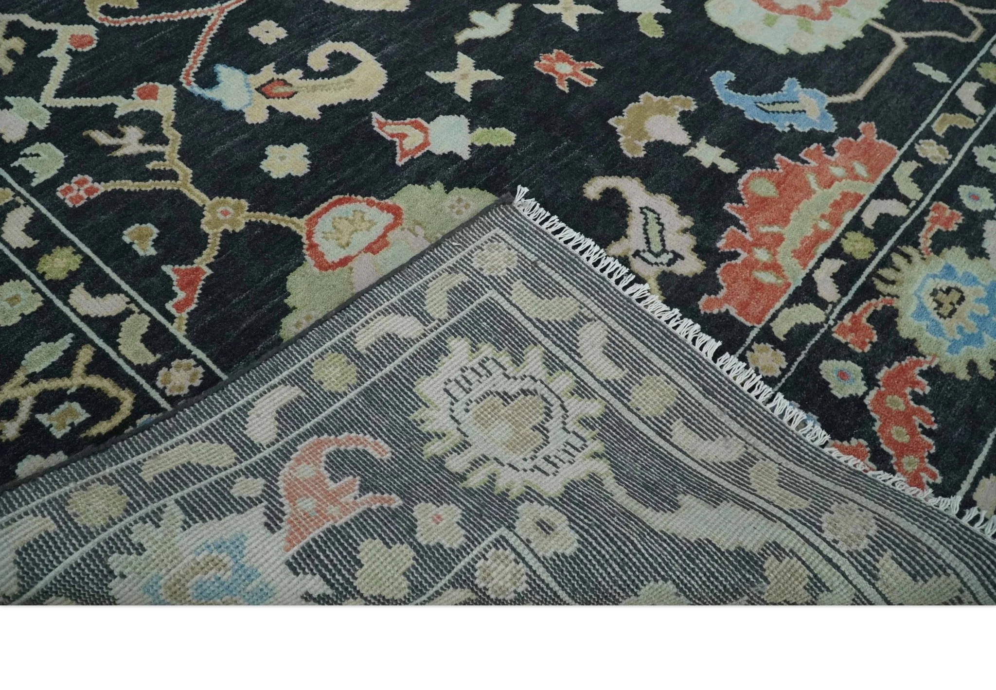 8x10 Modern Hand Knotted Black and Multicolor Traditional Oushak Wool Area Rug - Image 6