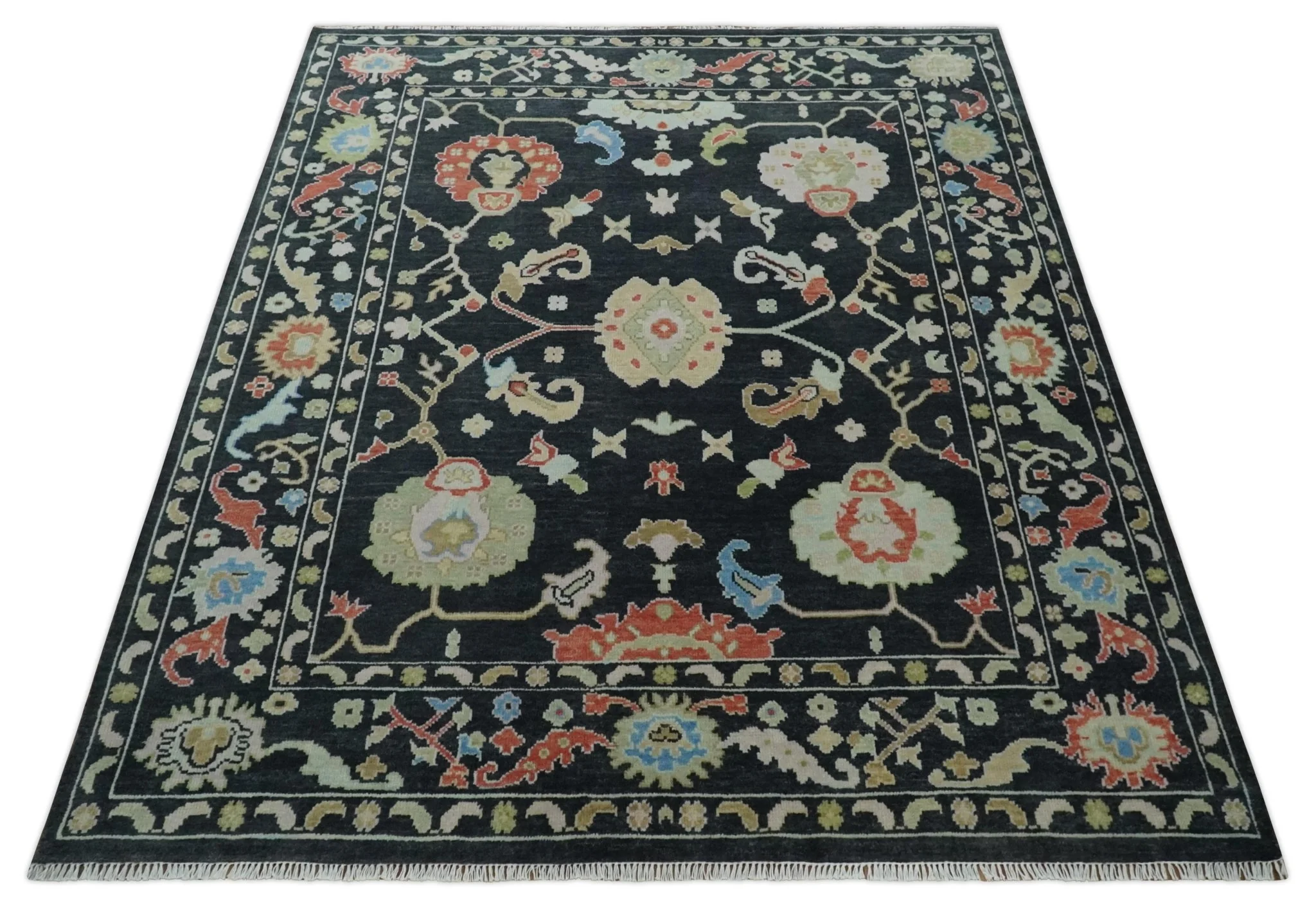 8x10 Modern Hand Knotted Black and Multicolor Traditional Oushak Wool Area Rug - Image 9