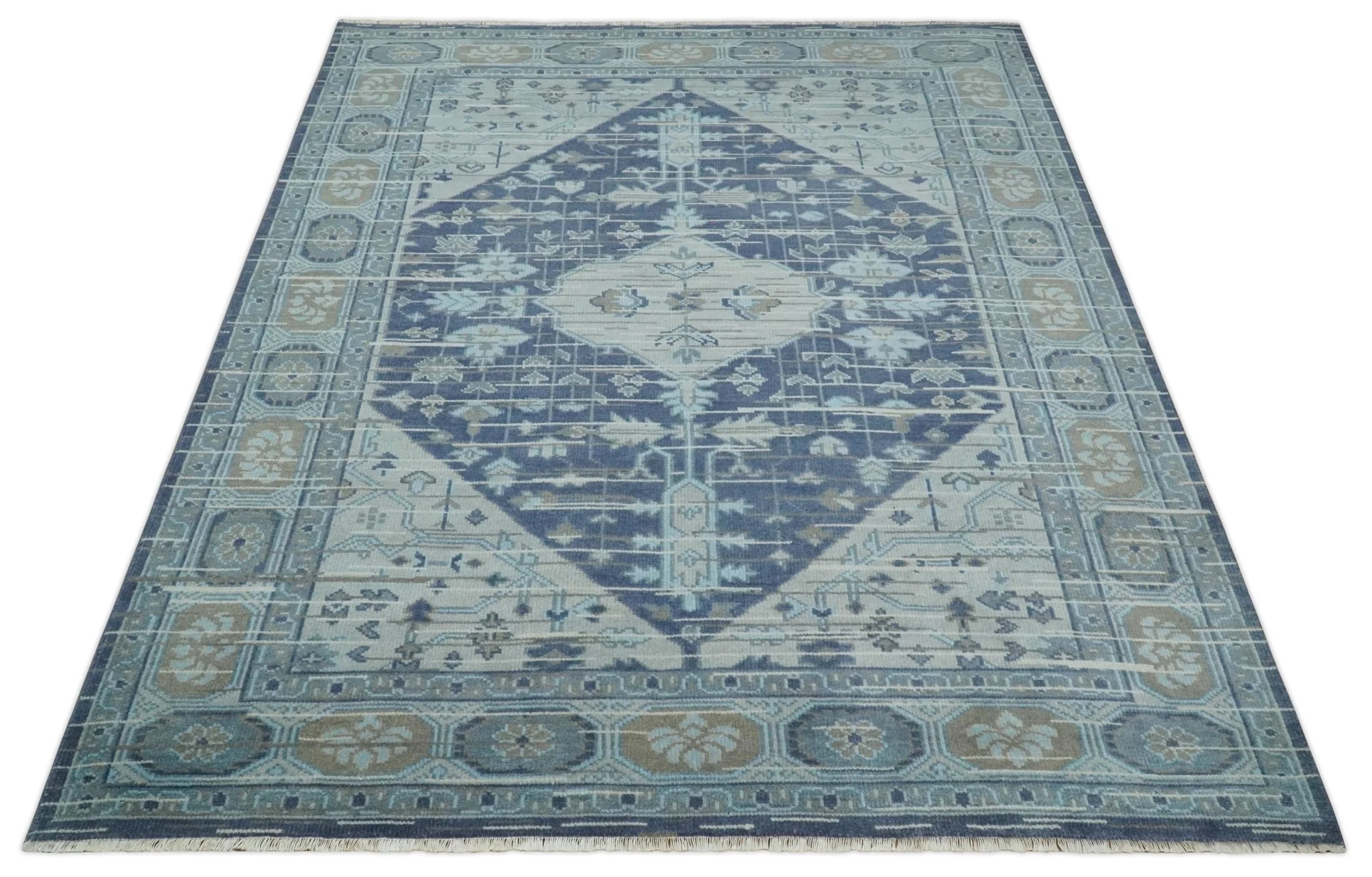 Woolen 8x10 Navy Blue and Beige Traditional Hand Knotted Wool Area Rug - Image 10