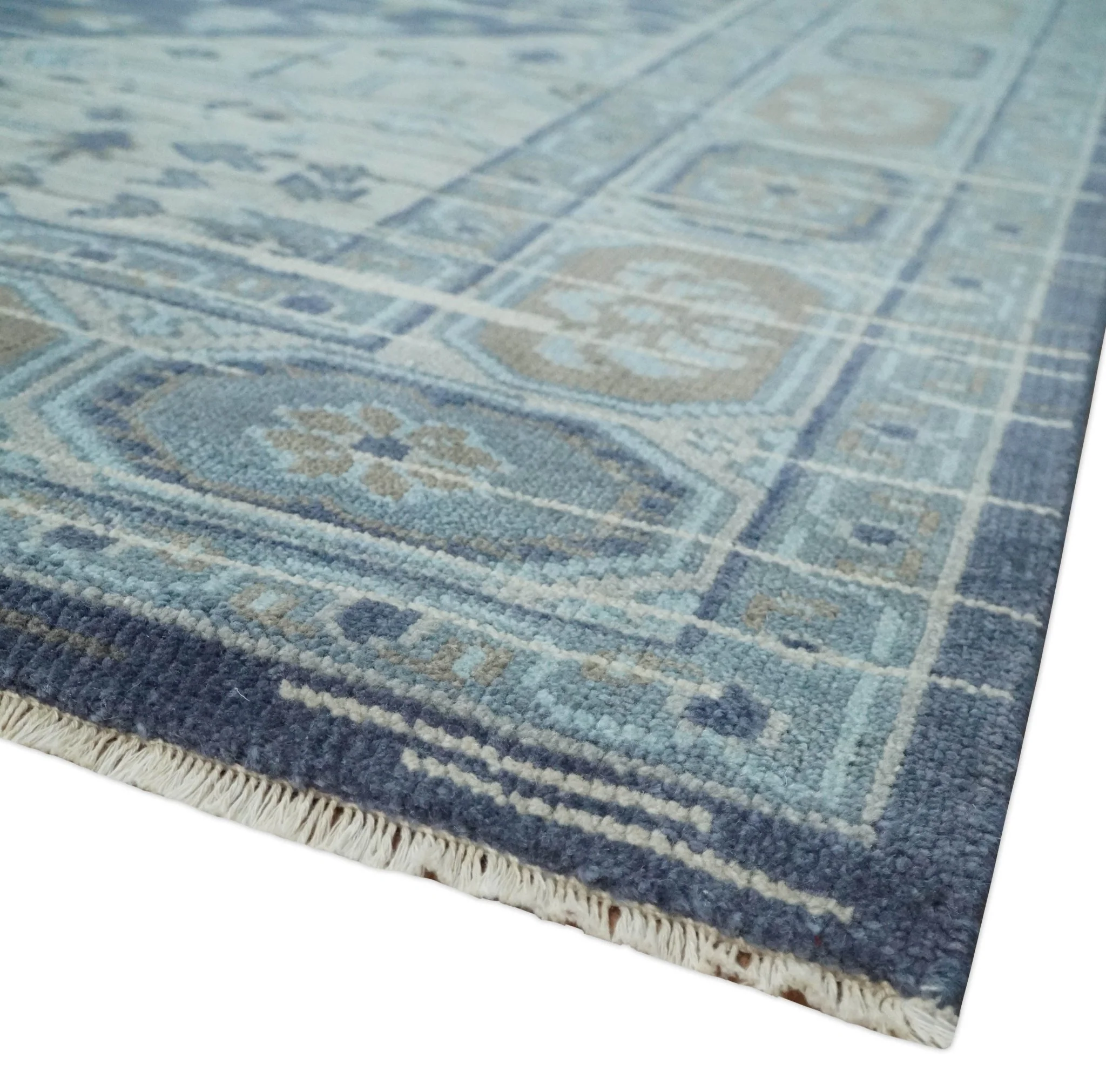 Woolen 8x10 Navy Blue and Beige Traditional Hand Knotted Wool Area Rug - Image 5