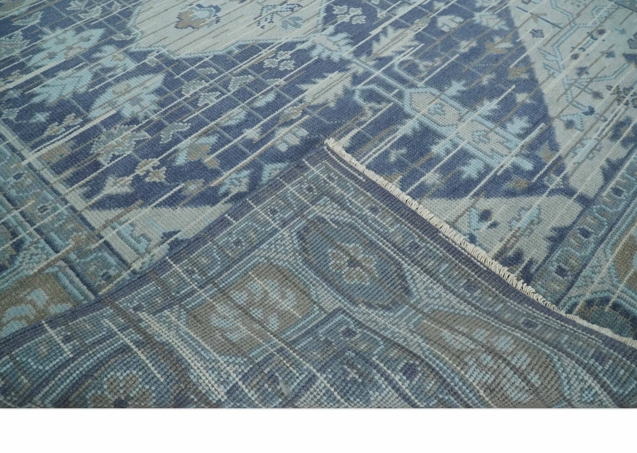 Woolen 8x10 Navy Blue and Beige Traditional Hand Knotted Wool Area Rug - Image 6
