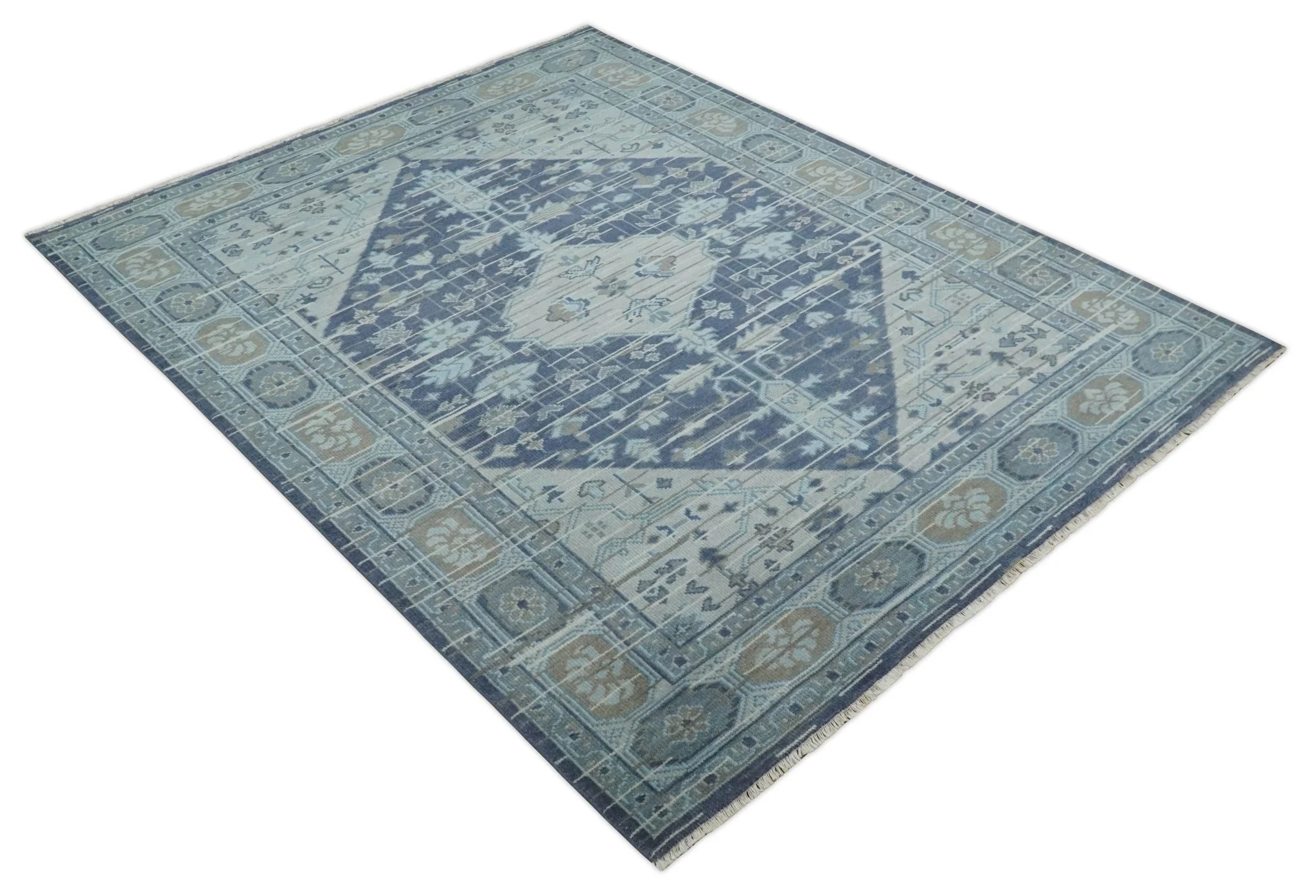 Woolen 8x10 Navy Blue and Beige Traditional Hand Knotted Wool Area Rug - Image 9