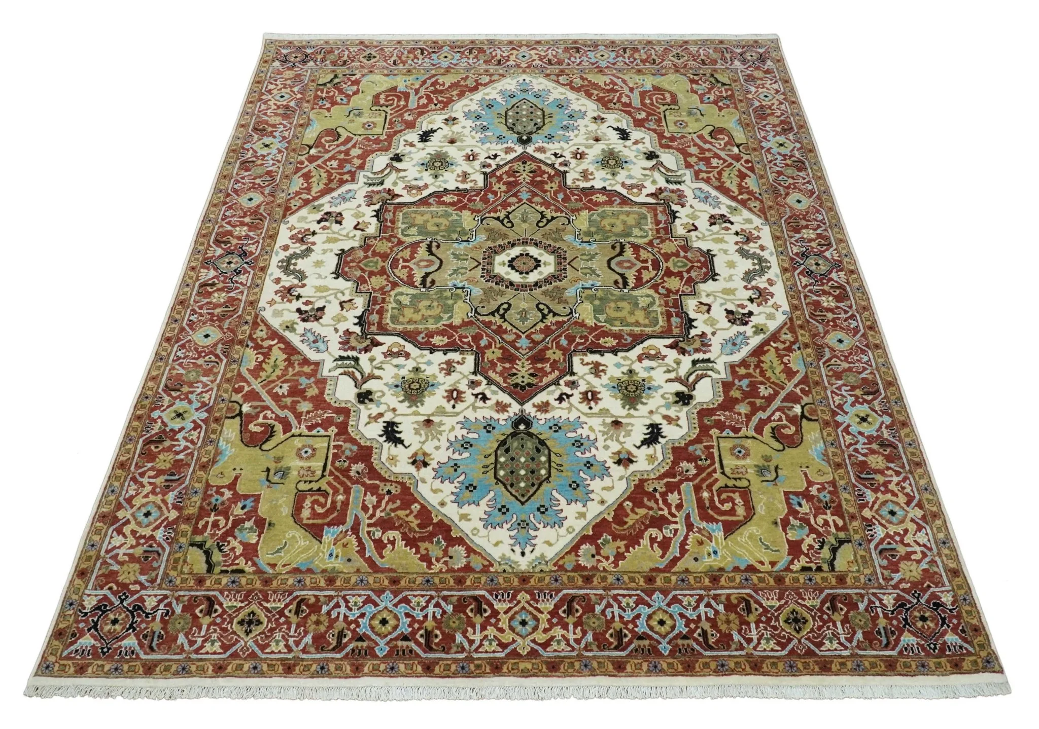 8x10 Olive, Rust and Ivory Heriz Serapi Traditional Vintage Antique Hand Knotted Wool Area Rug | TRDCP1363810 - Image 10