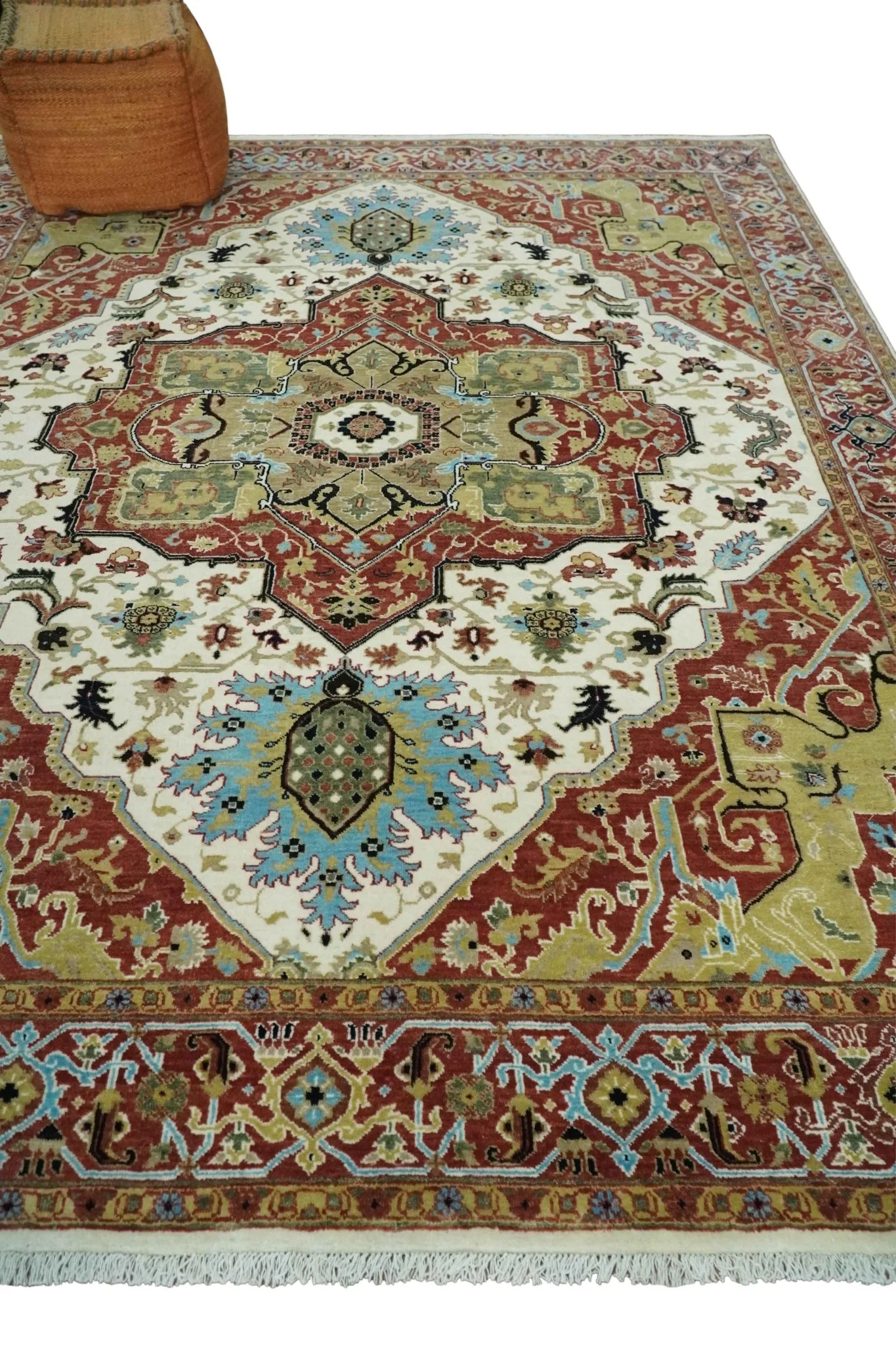 8x10 Olive, Rust and Ivory Heriz Serapi Traditional Vintage Antique Hand Knotted Wool Area Rug | TRDCP1363810 - Image 3
