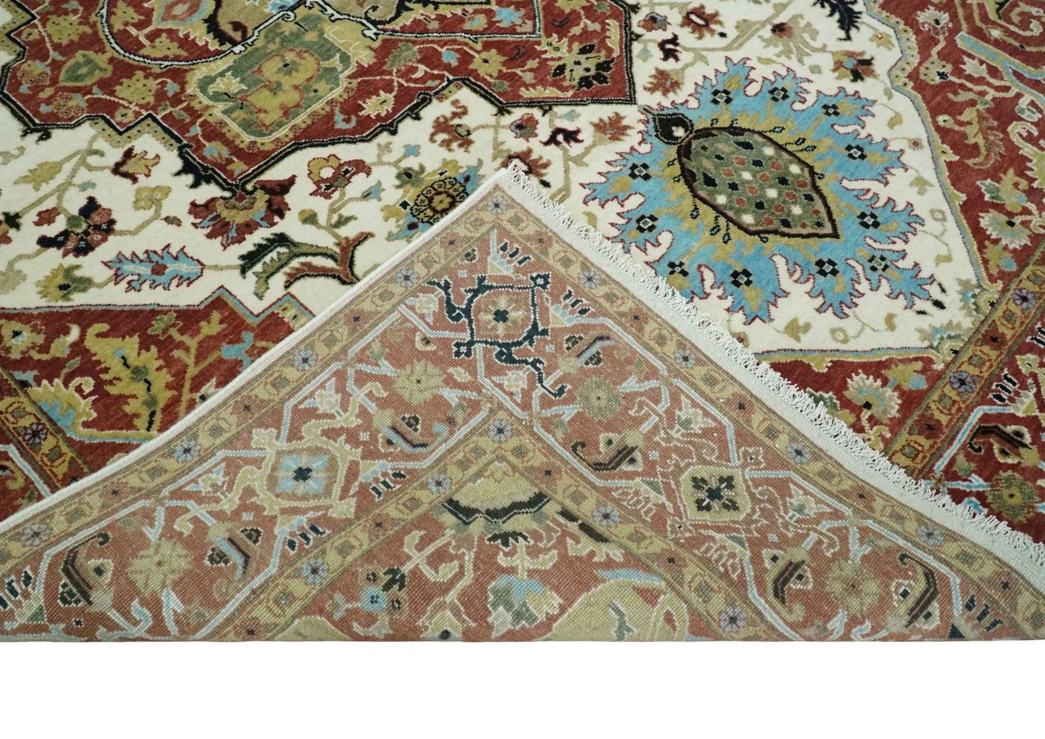8x10 Olive, Rust and Ivory Heriz Serapi Traditional Vintage Antique Hand Knotted Wool Area Rug | TRDCP1363810 - Image 7