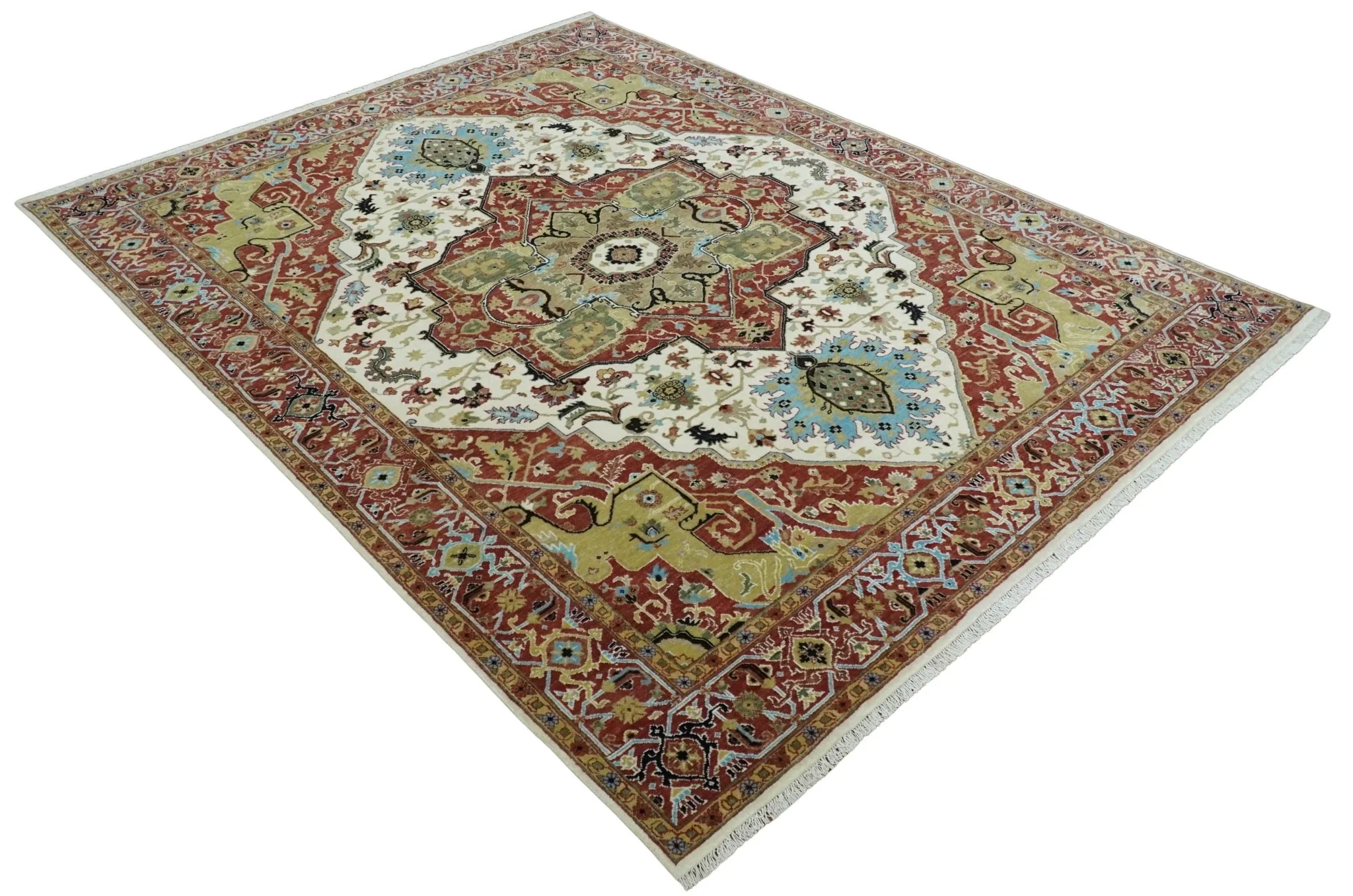 8x10 Olive, Rust and Ivory Heriz Serapi Traditional Vintage Antique Hand Knotted Wool Area Rug | TRDCP1363810 - Image 9