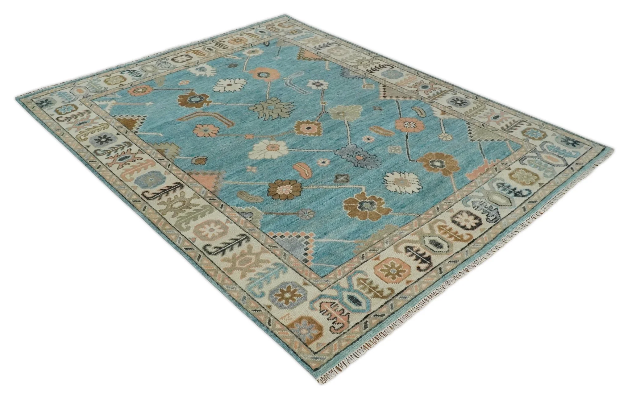 Aqua Blue and Ivory 8x10 Hand Knotted Wool Traditional Oushak Area Rug - Image 10