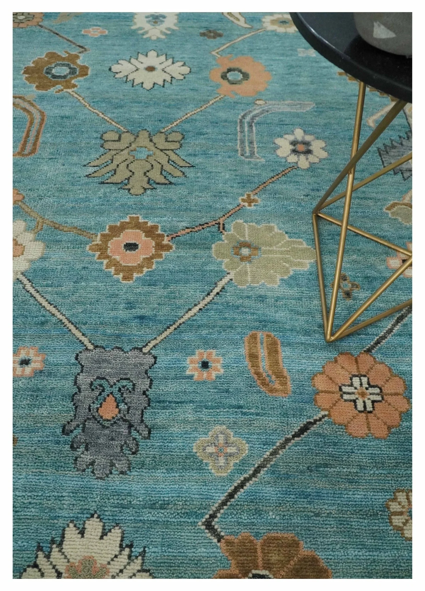 Aqua Blue and Ivory 8x10 Hand Knotted Wool Traditional Oushak Area Rug - Image 2