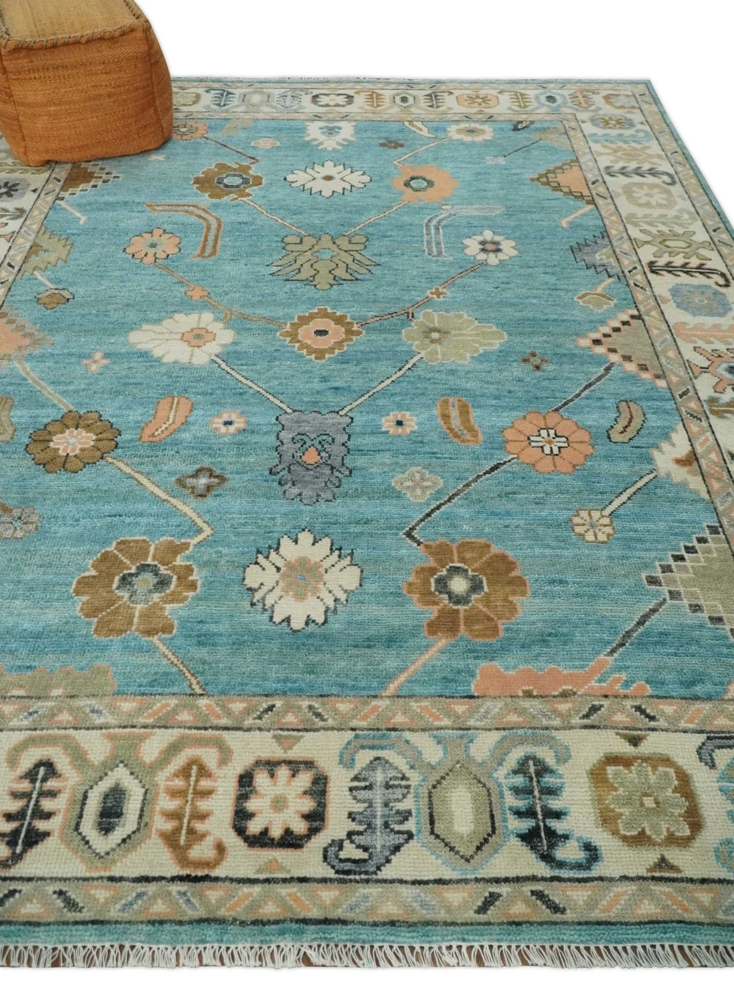 Aqua Blue and Ivory 8x10 Hand Knotted Wool Traditional Oushak Area Rug - Image 3