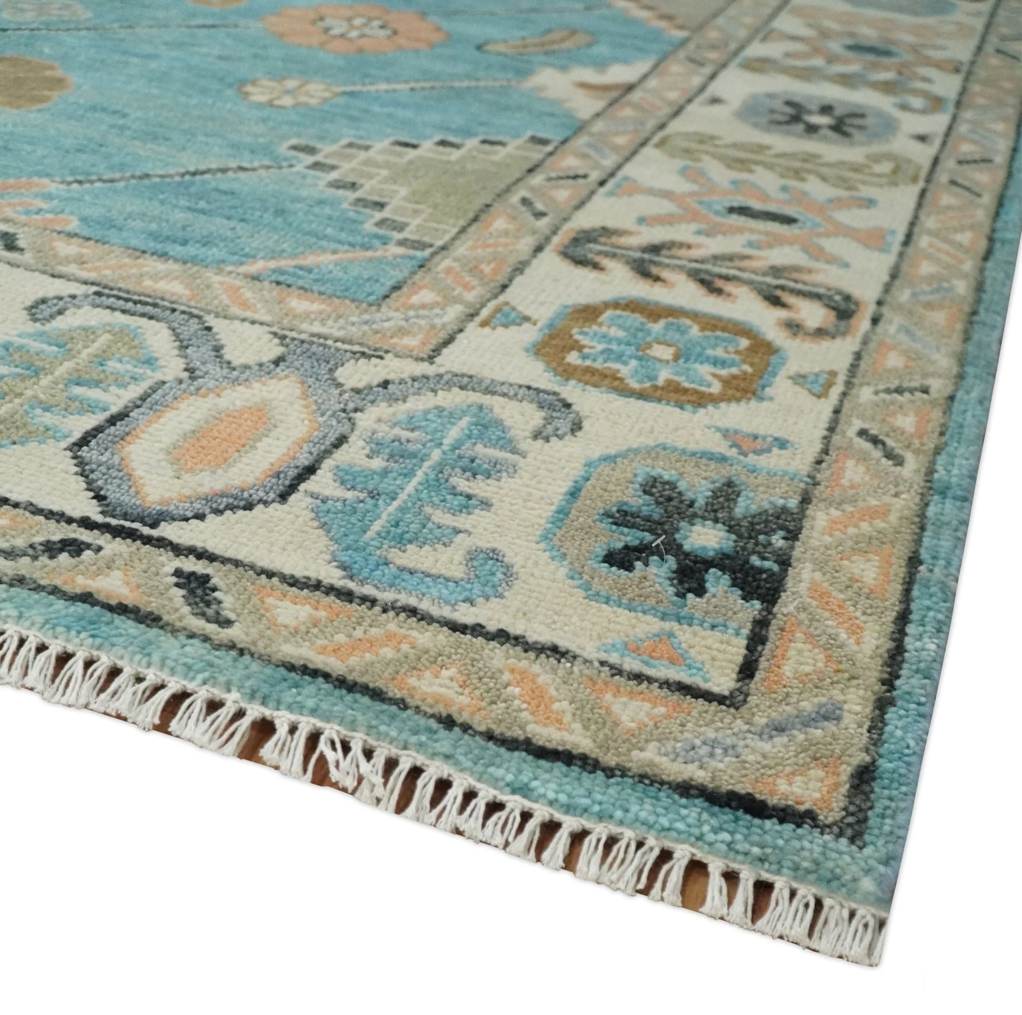 Aqua Blue and Ivory 8x10 Hand Knotted Wool Traditional Oushak Area Rug - Image 5