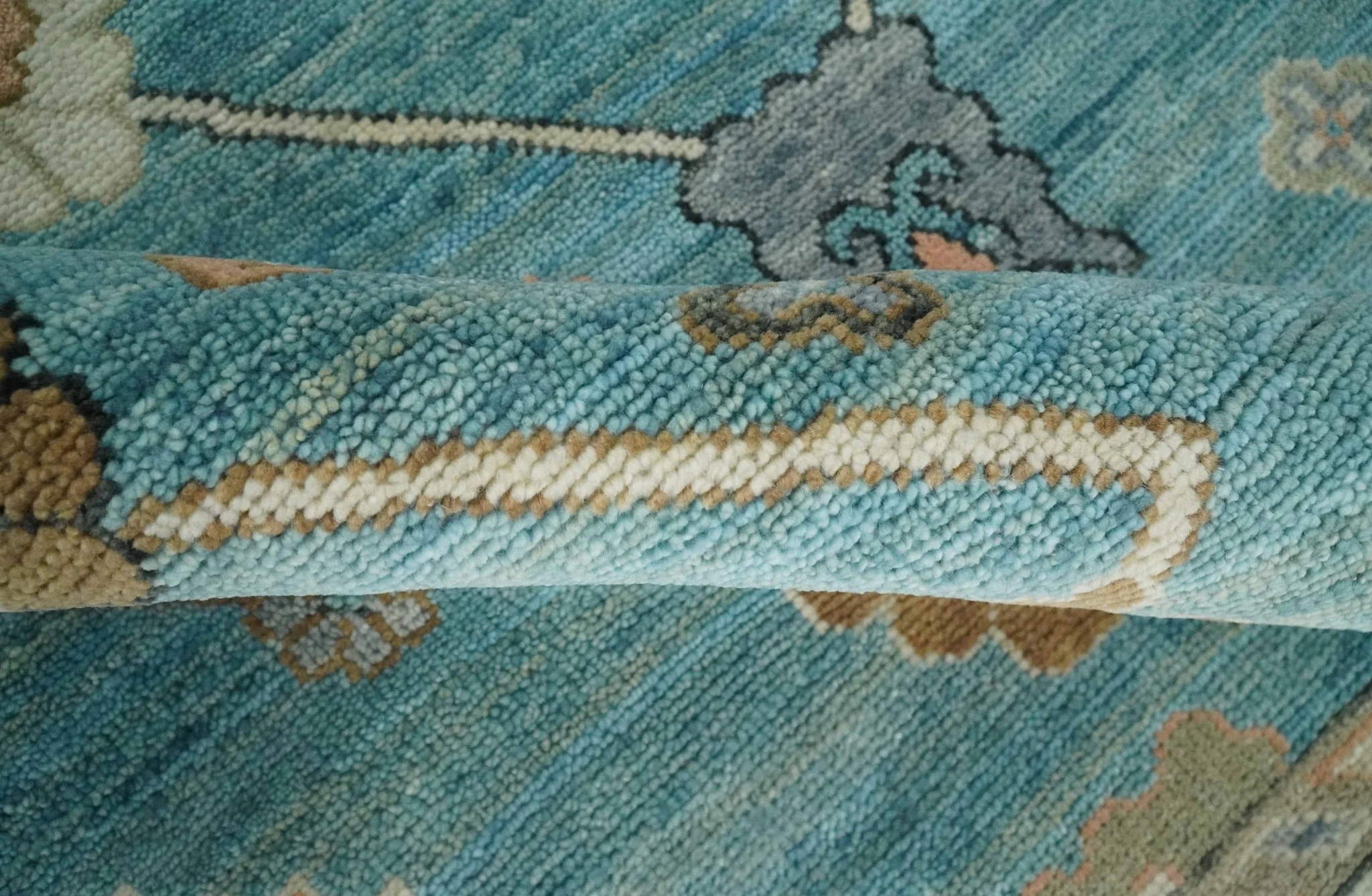 Aqua Blue and Ivory 8x10 Hand Knotted Wool Traditional Oushak Area Rug - Image 6