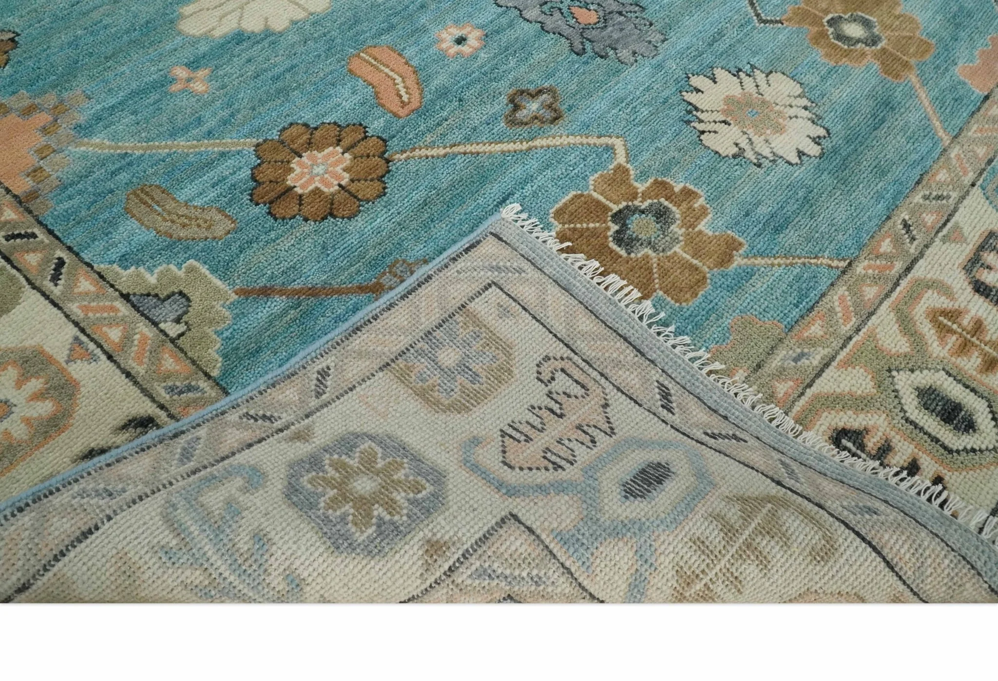 Aqua Blue and Ivory 8x10 Hand Knotted Wool Traditional Oushak Area Rug - Image 8