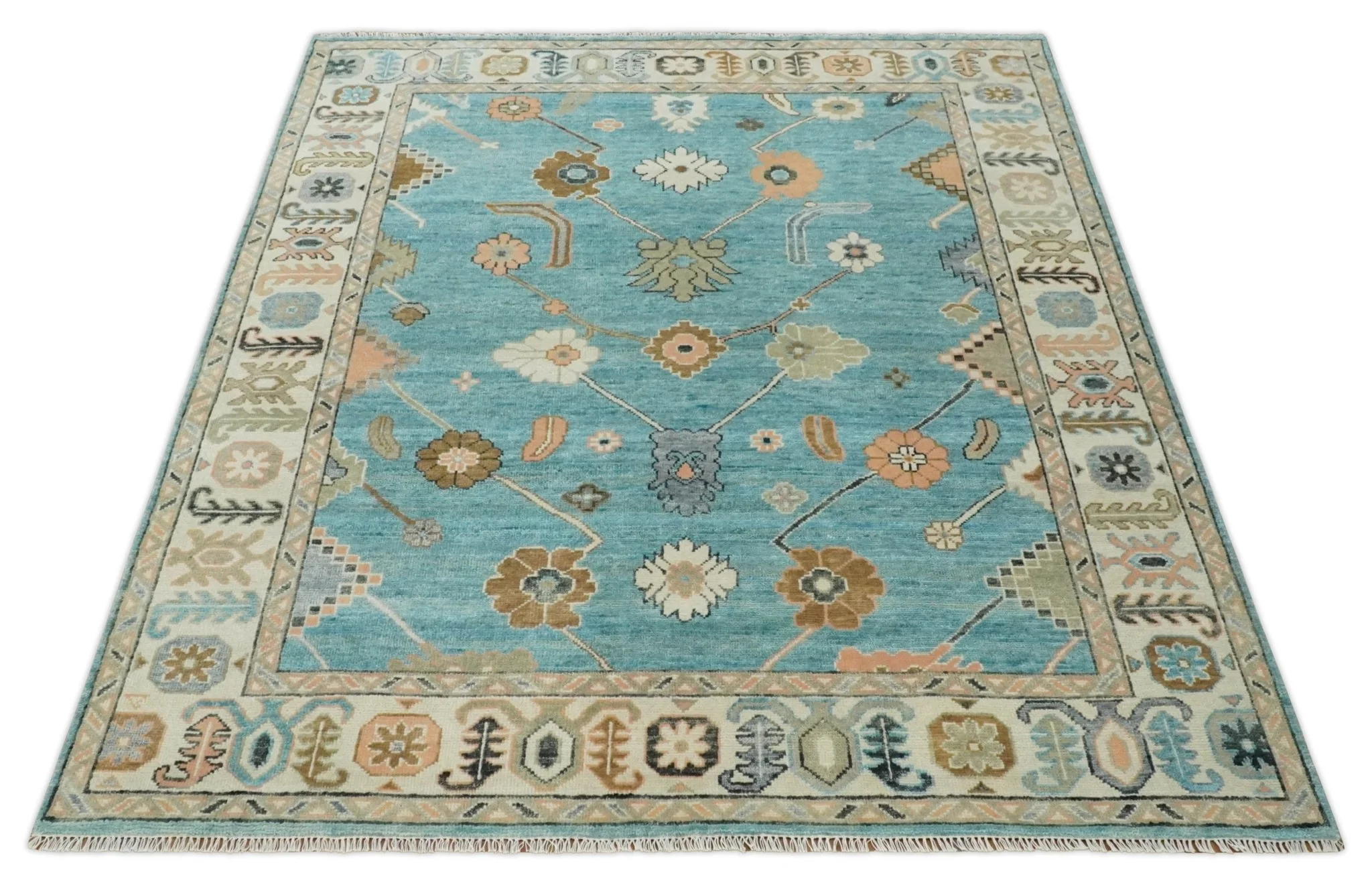 Aqua Blue and Ivory 8x10 Hand Knotted Wool Traditional Oushak Area Rug - Image 9