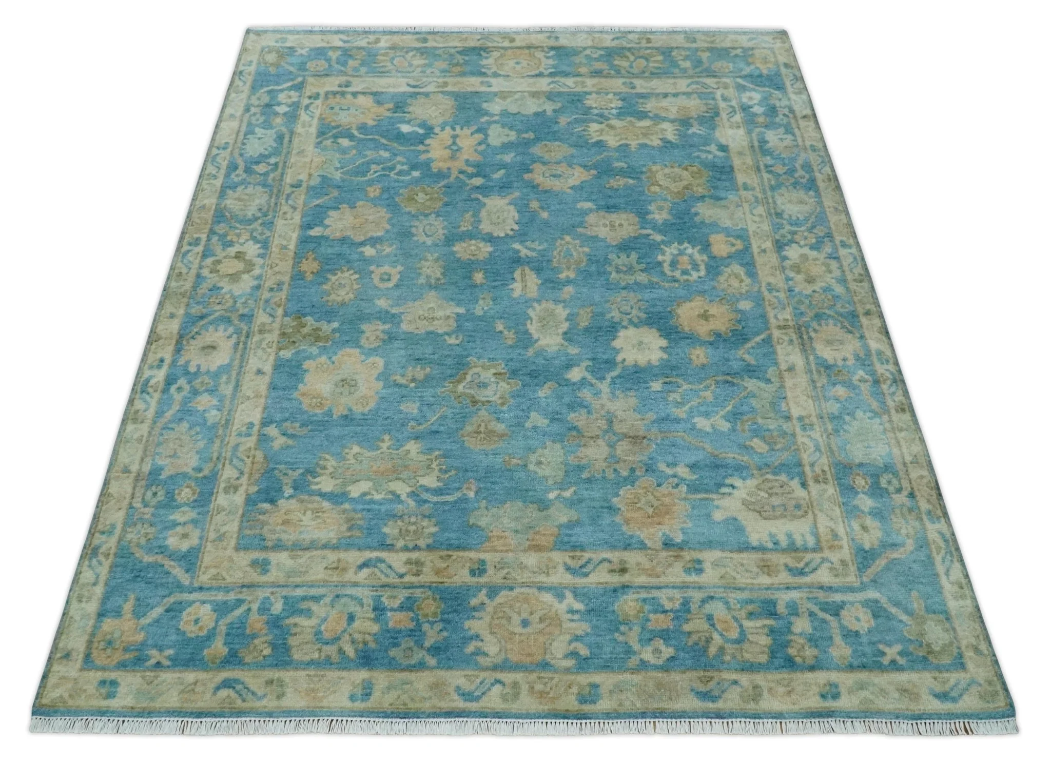 8x10 Oushak Hand Knotted Blue and Beige Traditional Wool Rug - Image 2