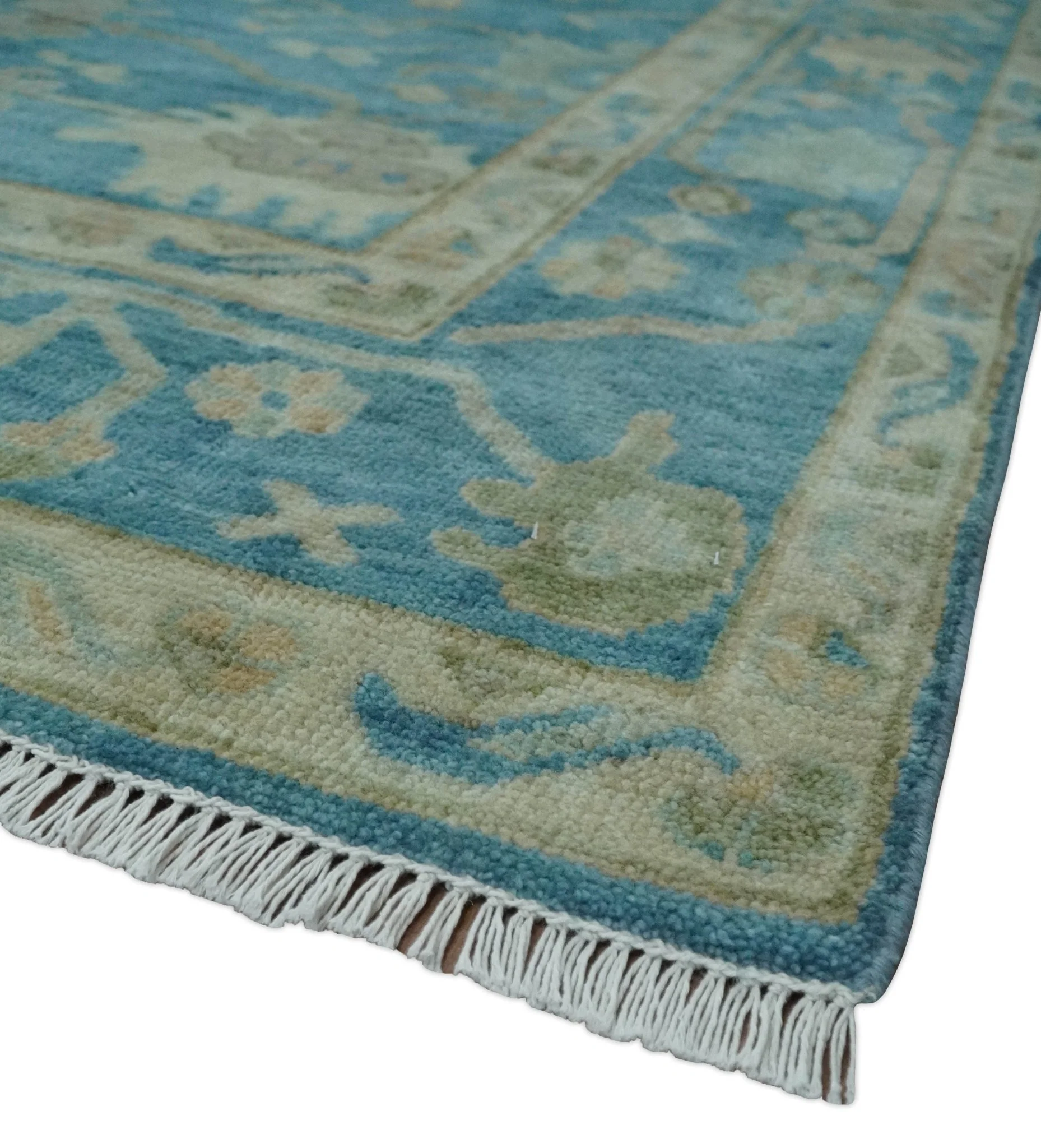 8x10 Oushak Hand Knotted Blue and Beige Traditional Wool Rug - Image 3